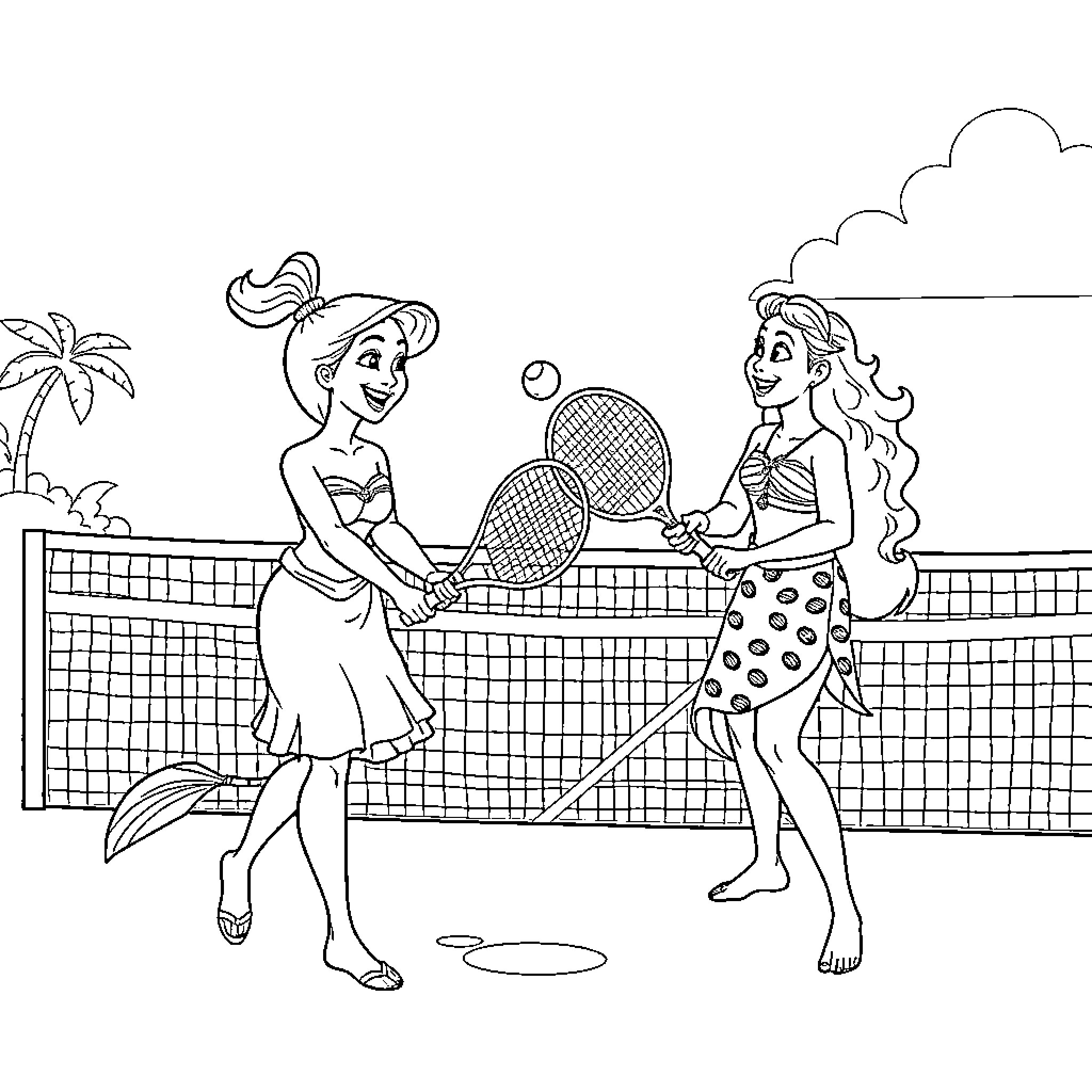 Ariel playing tennis with a friend on a court Coloring Page (free black-and-white line drawing printable PDF for all, from beginners to advanced learners, including children, teens, adults, and seniors)