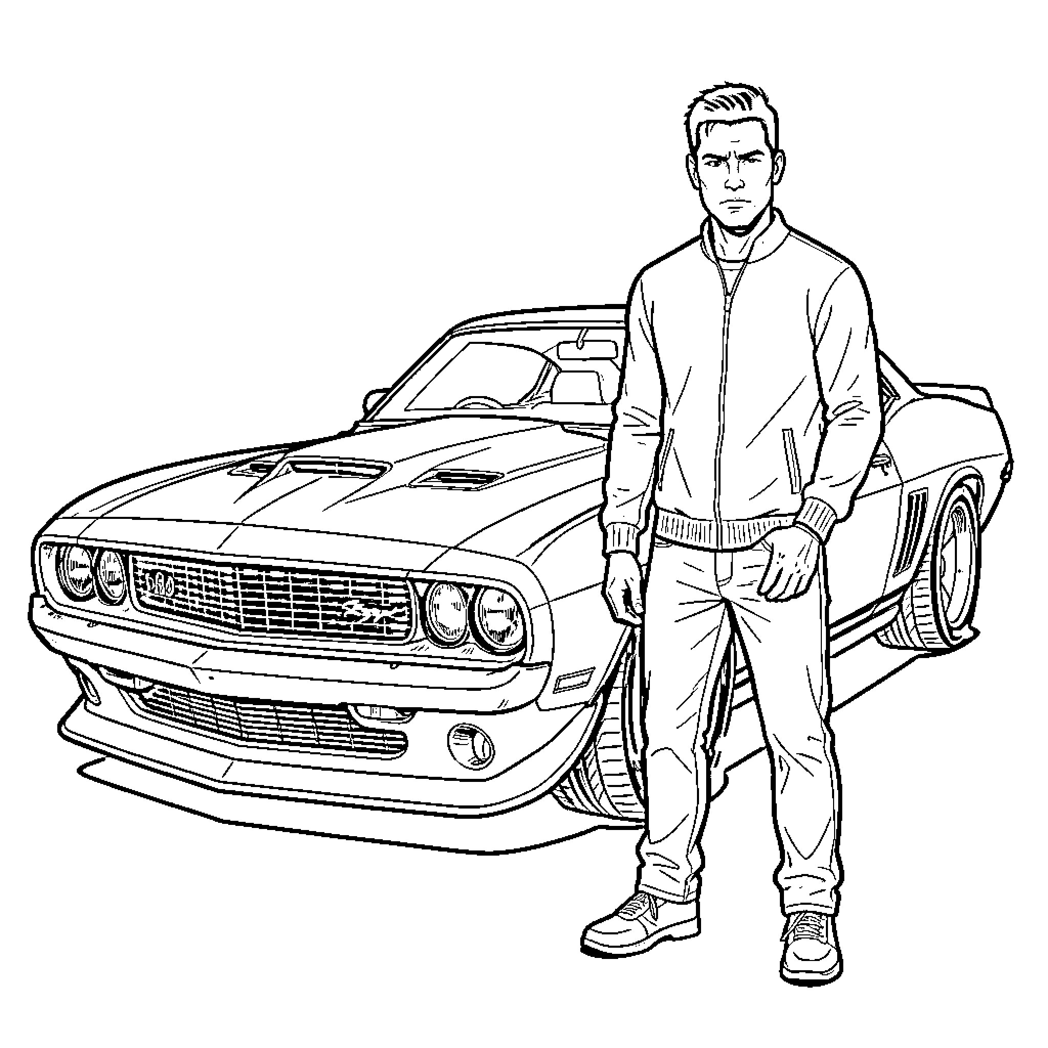 Dominic Toretto with muscle car in urban setting Coloring Page (free black-and-white line drawing printable PDF for all, from beginners to advanced learners, including children, teens, adults, and seniors)