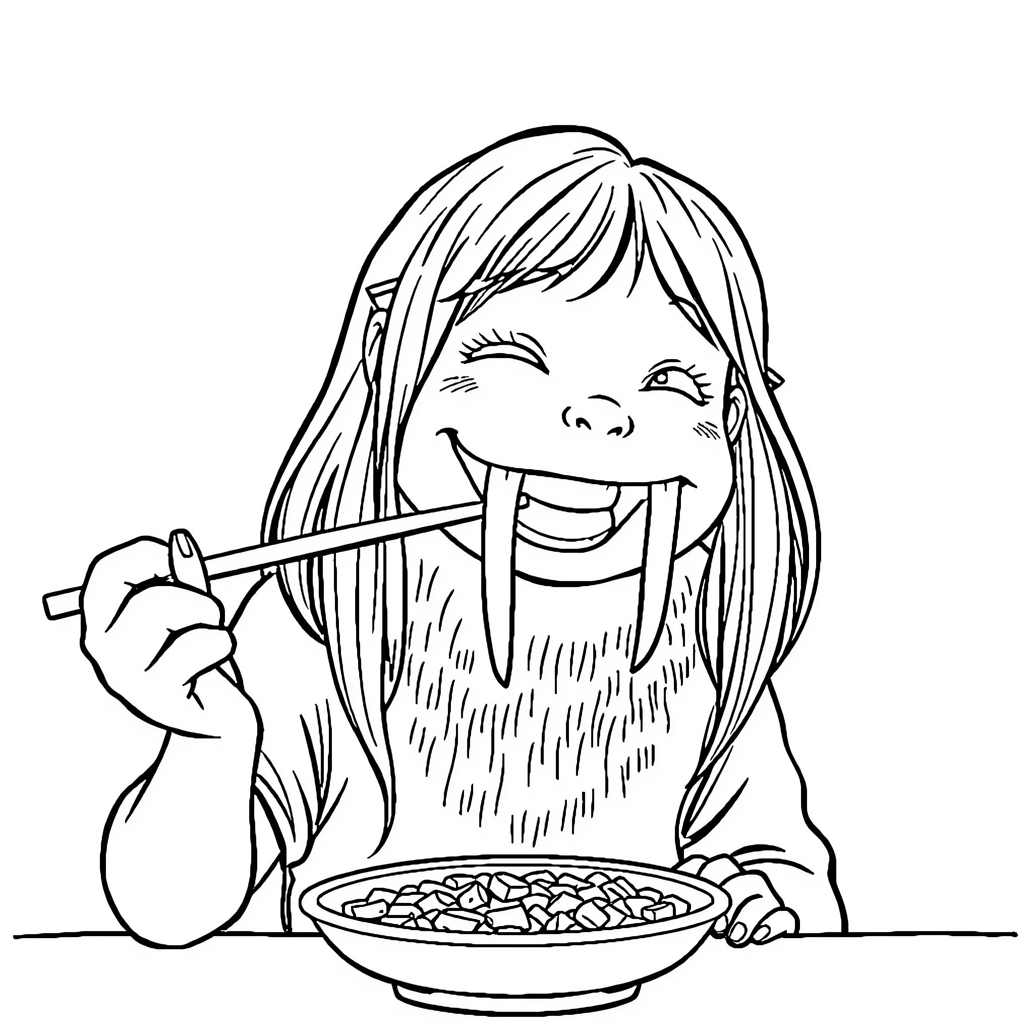 Girl happily eating cereal Coloring Page (free black-and-white line drawing printable PDF for all, from beginners to advanced learners, including children, teens, adults, and seniors)