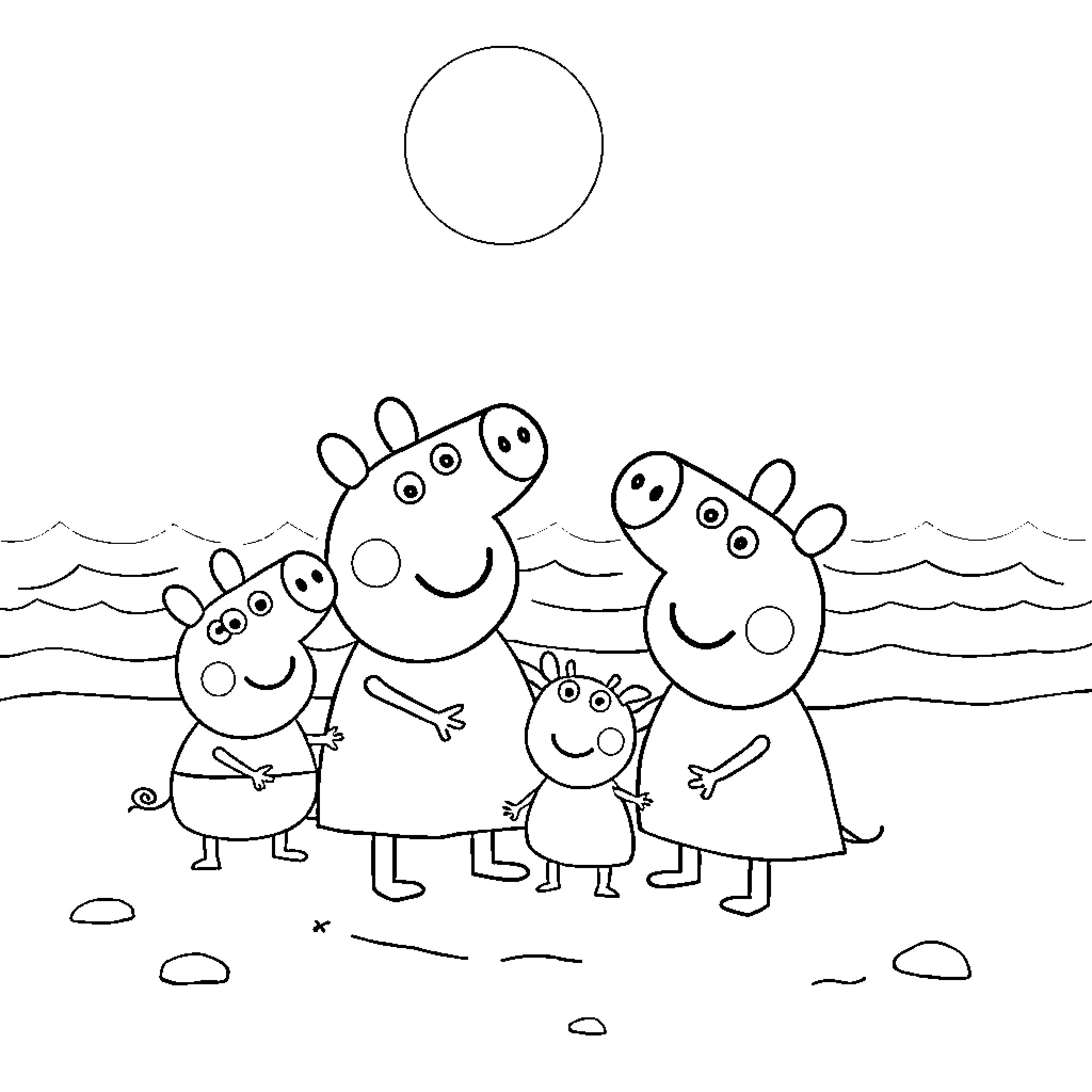 Peppa Pig family enjoying time at the beach Coloring Page (free black-and-white line drawing printable PDF for all, from beginners to advanced learners, including children, teens, adults, and seniors)