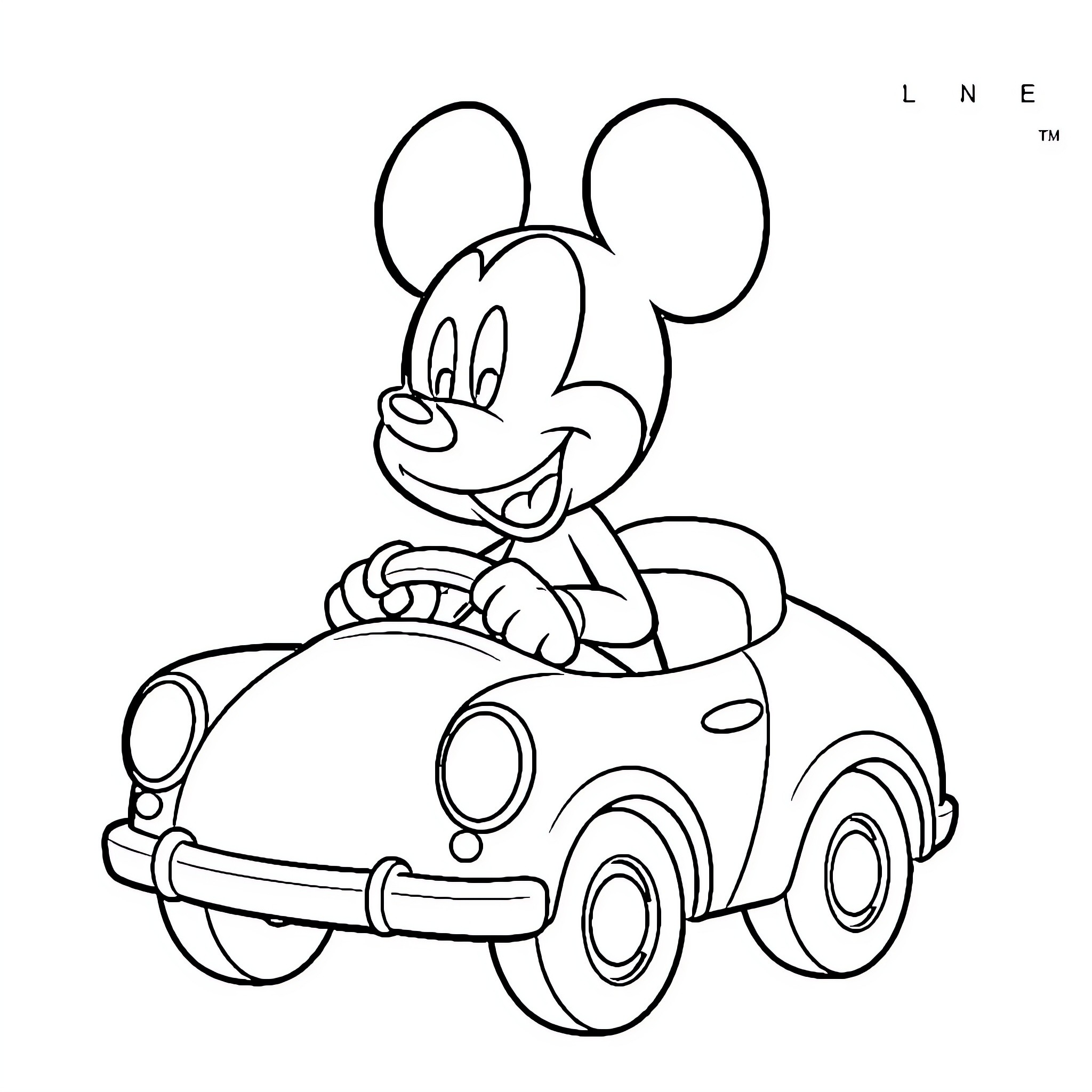 Mickey Mouse driving a cute car Coloring Page (free black-and-white line drawing printable PDF for all, from beginners to advanced learners, including children, teens, adults, and seniors)