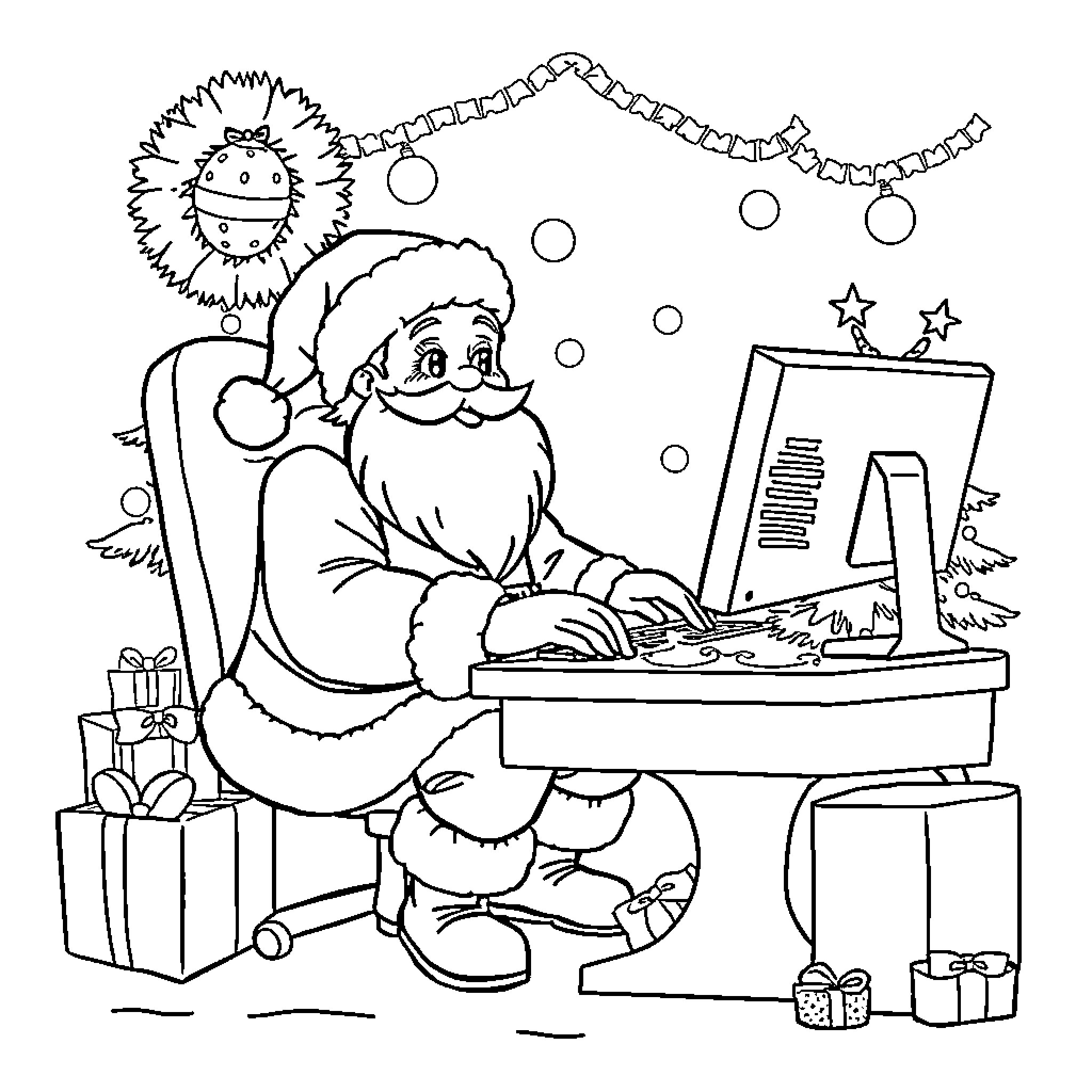 Santa Claus working on computer surrounded by presents Coloring Page (free black-and-white line drawing printable PDF for all, from beginners to advanced learners, including children, teens, adults, and seniors)