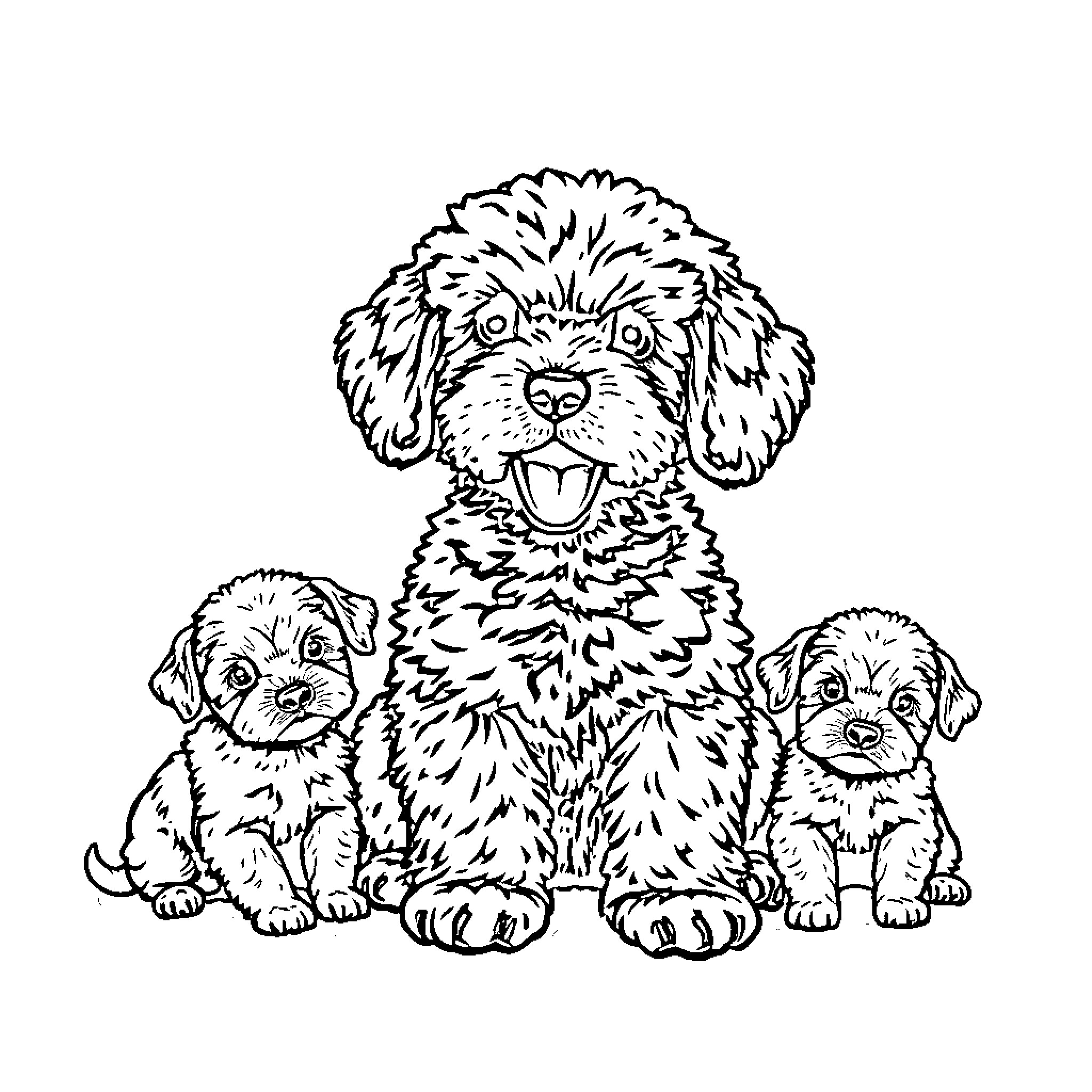 Toy Poodle family playing together Coloring Page (free black-and-white line drawing printable PDF for all, from beginners to advanced learners, including children, teens, adults, and seniors)