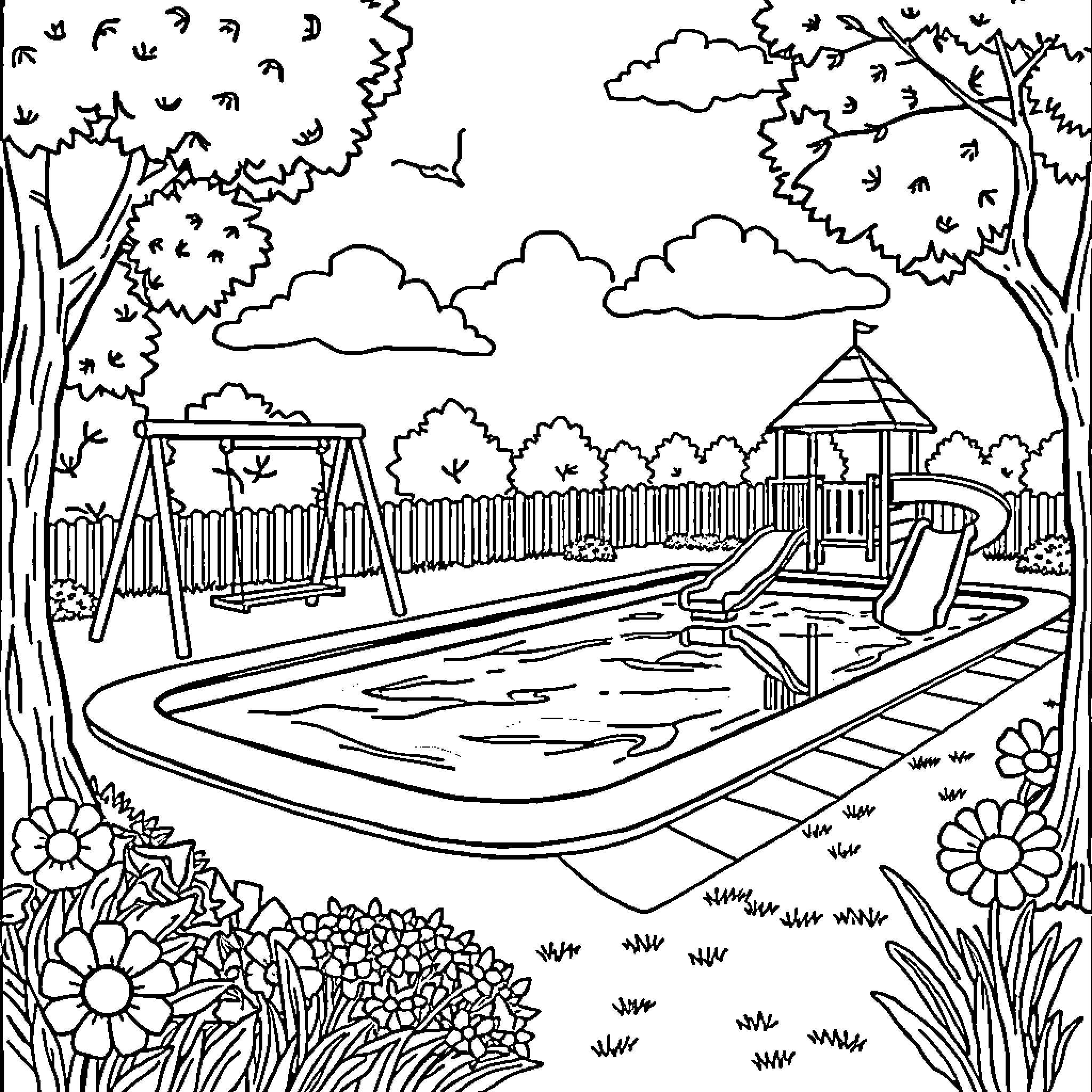 Playground with swings and slide in lush forest setting Coloring Page (free black-and-white line drawing printable PDF for all, from beginners to advanced learners, including children, teens, adults, and seniors)