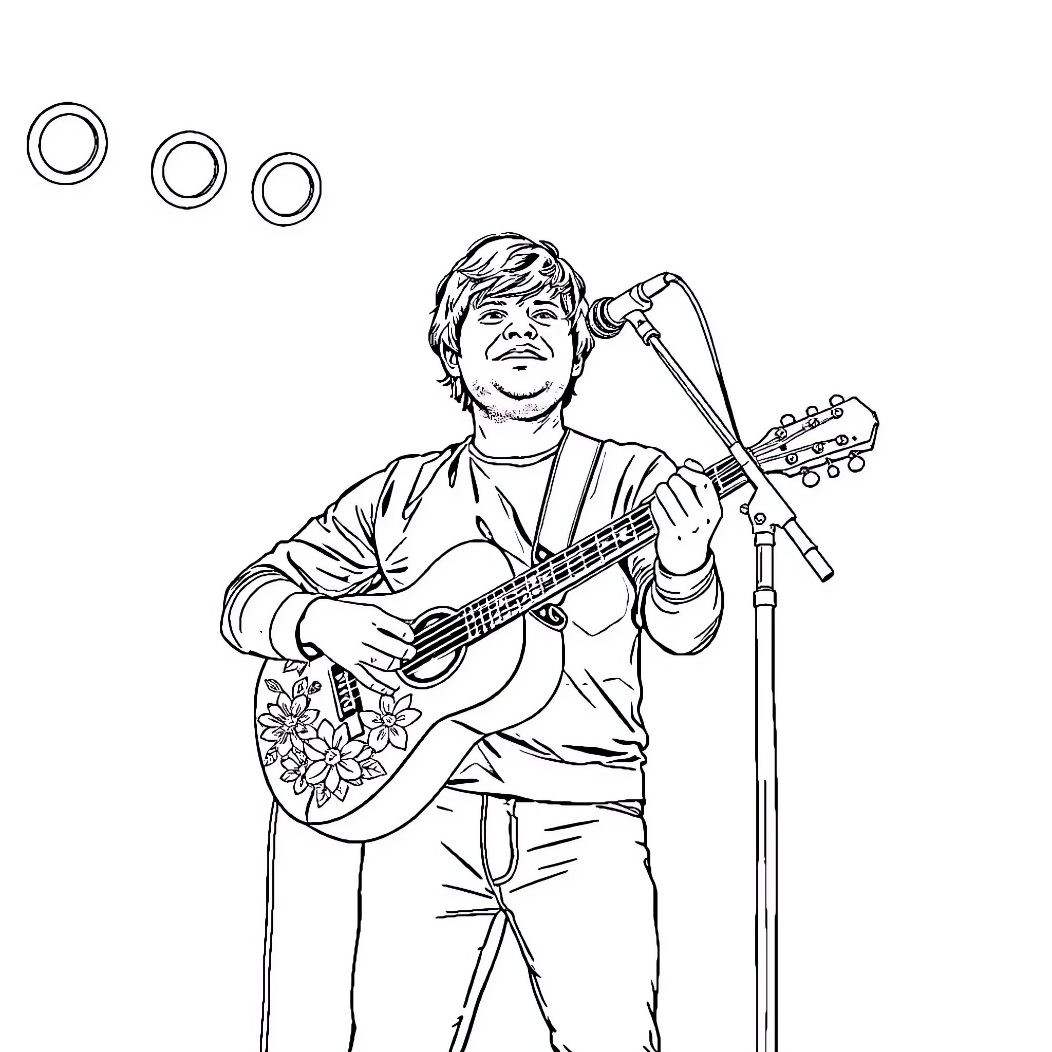 Ed Sheeran performing with guitar on stage Coloring Page (free black-and-white line drawing printable PDF for all, from beginners to advanced learners, including children, teens, adults, and seniors)