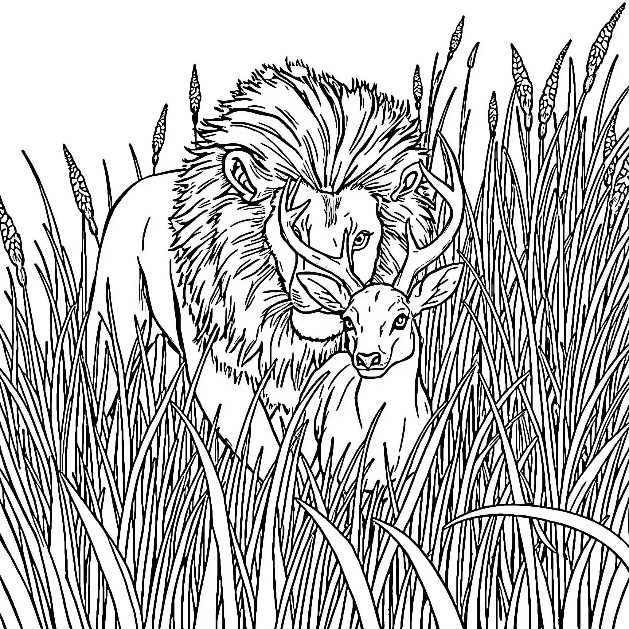 Lion prowling through tall grass with young cub Coloring Page (free black-and-white line drawing printable PDF for all, from beginners to advanced learners, including children, teens, adults, and seniors)