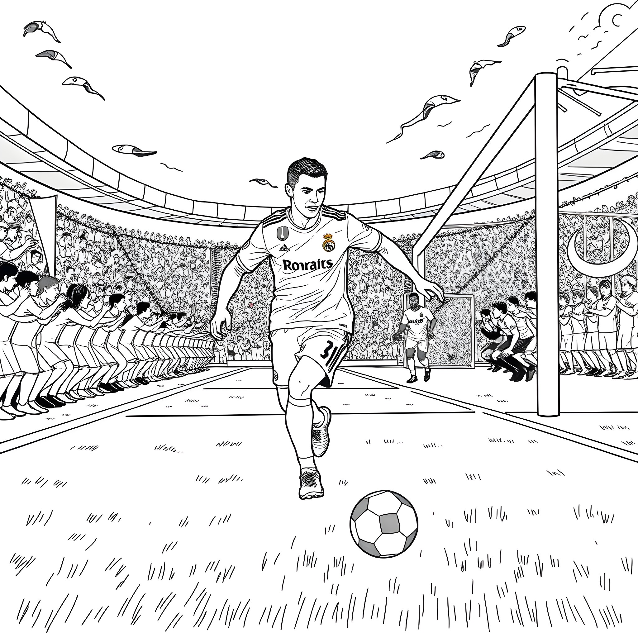 Cristian Ronaldo Kicking Ball on Stadium Field Coloring Page (free black-and-white line drawing printable PDF for all, from beginners to advanced learners, including children, teens, adults, and seniors)