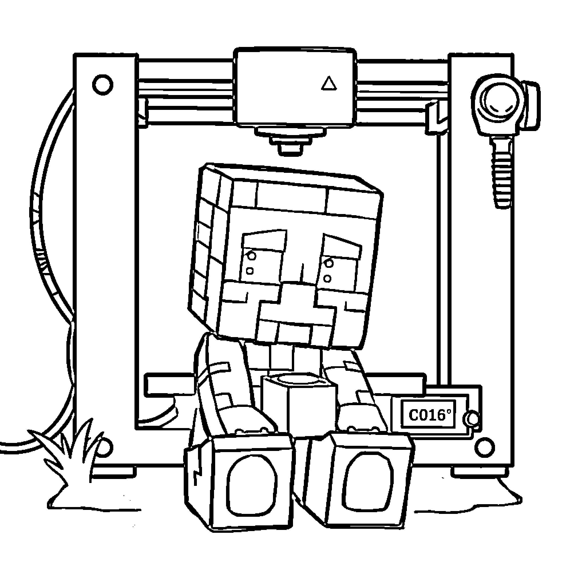 Creeper in a 3D Printer Workshop Coloring Page (free black-and-white line drawing printable PDF for all, from beginners to advanced learners, including children, teens, adults, and seniors)