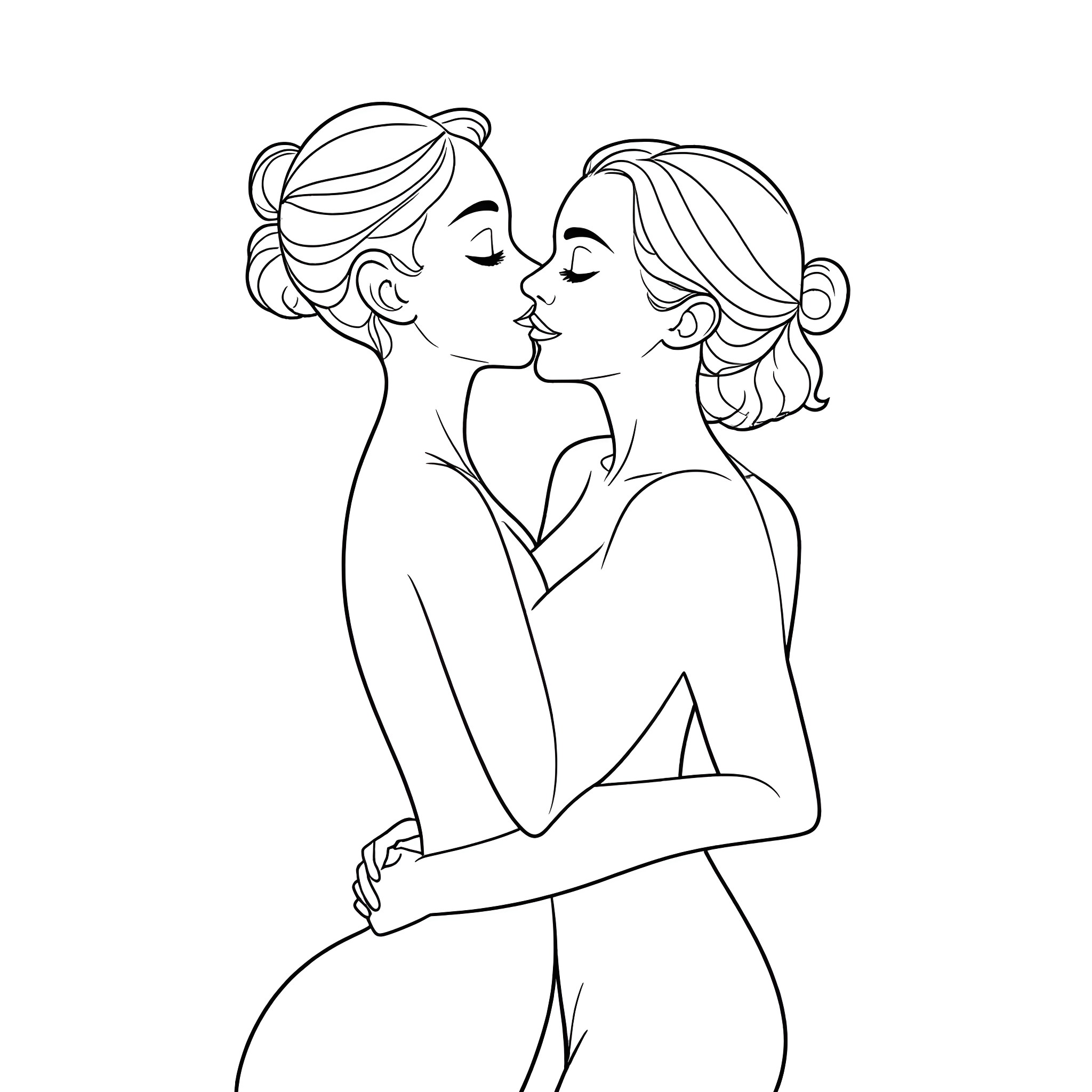 Woman in intimate embrace with another woman Coloring Page (free black-and-white line drawing printable PDF for all, from beginners to advanced learners, including children, teens, adults, and seniors)