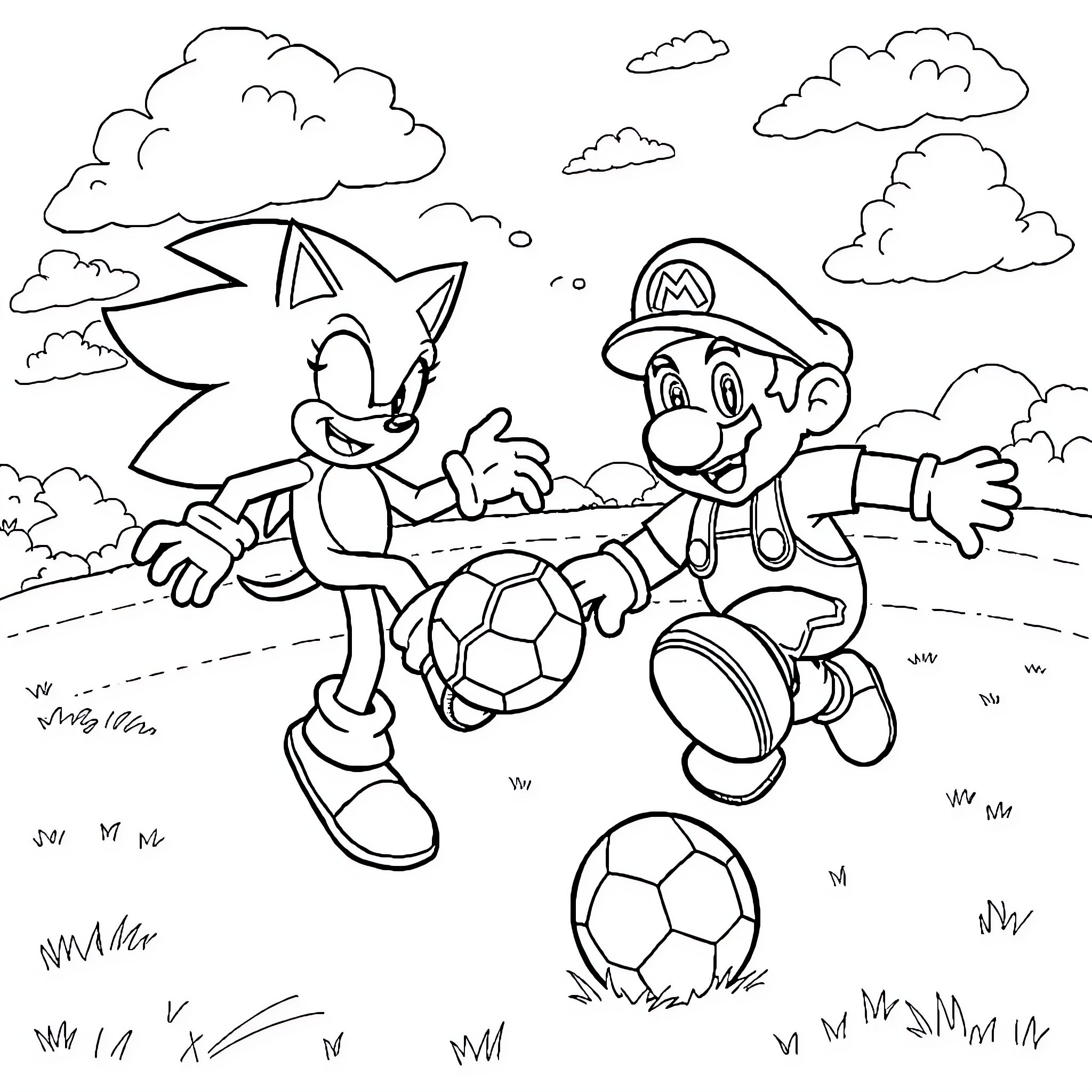 Sonic and Mario Playing Soccer Together Coloring Page (free black-and-white line drawing printable PDF for all, from beginners to advanced learners, including children, teens, adults, and seniors)