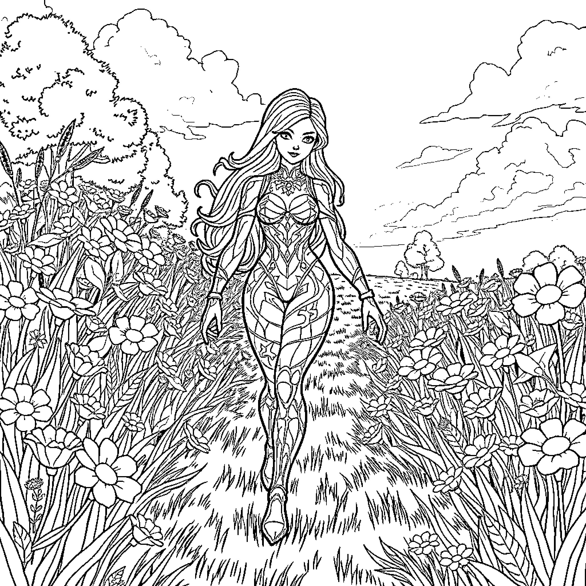 Poison Ivy's Enchanting Garden Stroll Coloring Page (free black-and-white line drawing printable PDF for all, from beginners to advanced learners, including children, teens, adults, and seniors)