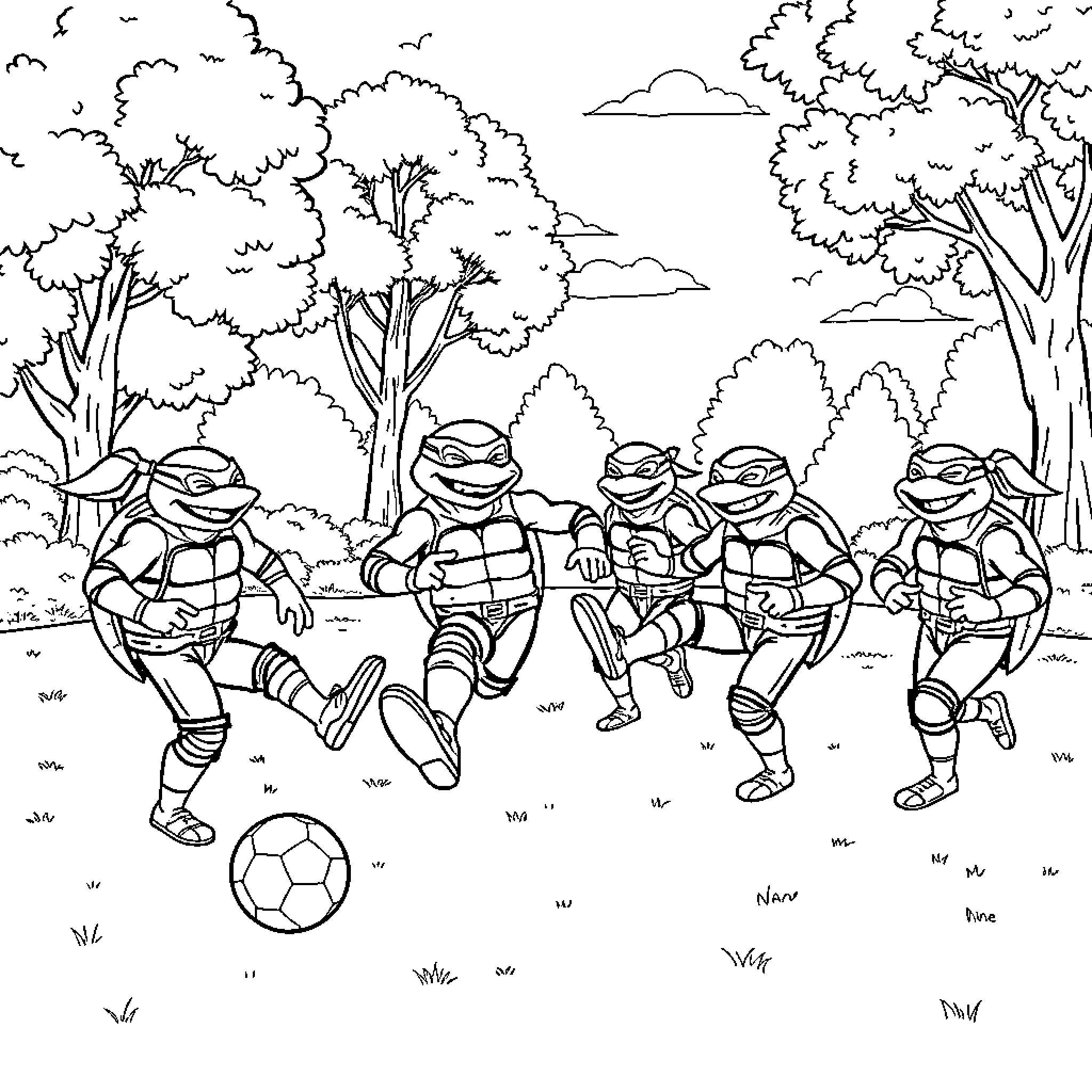 Master Shredder's Teenage Mutant Ninja Turtles Soccer Match Coloring Page (free black-and-white line drawing printable PDF for all, from beginners to advanced learners, including children, teens, adults, and seniors)
