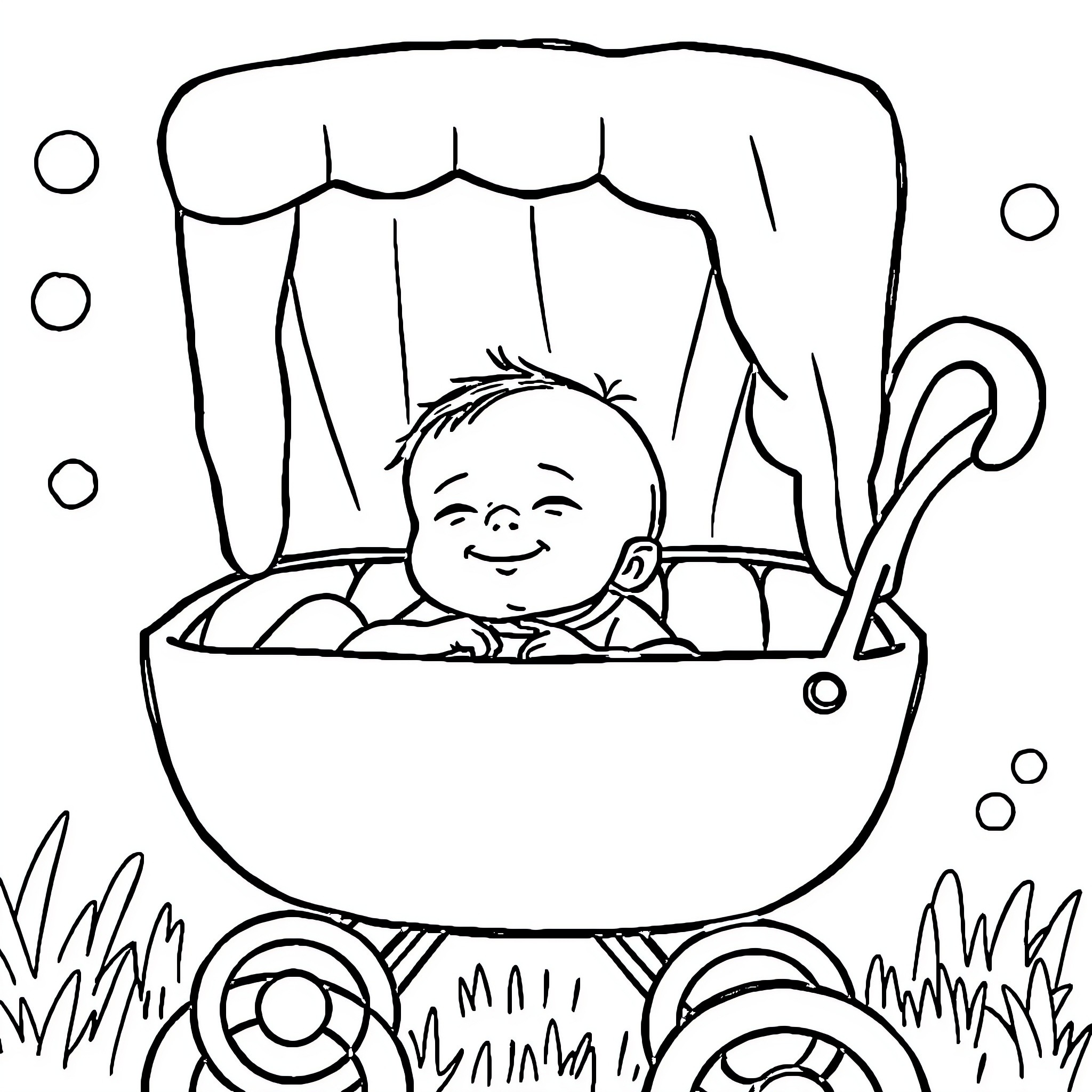 Baby in a cozy stroller enjoying the outdoors Coloring Page (free black-and-white line drawing printable PDF for all, from beginners to advanced learners, including children, teens, adults, and seniors)