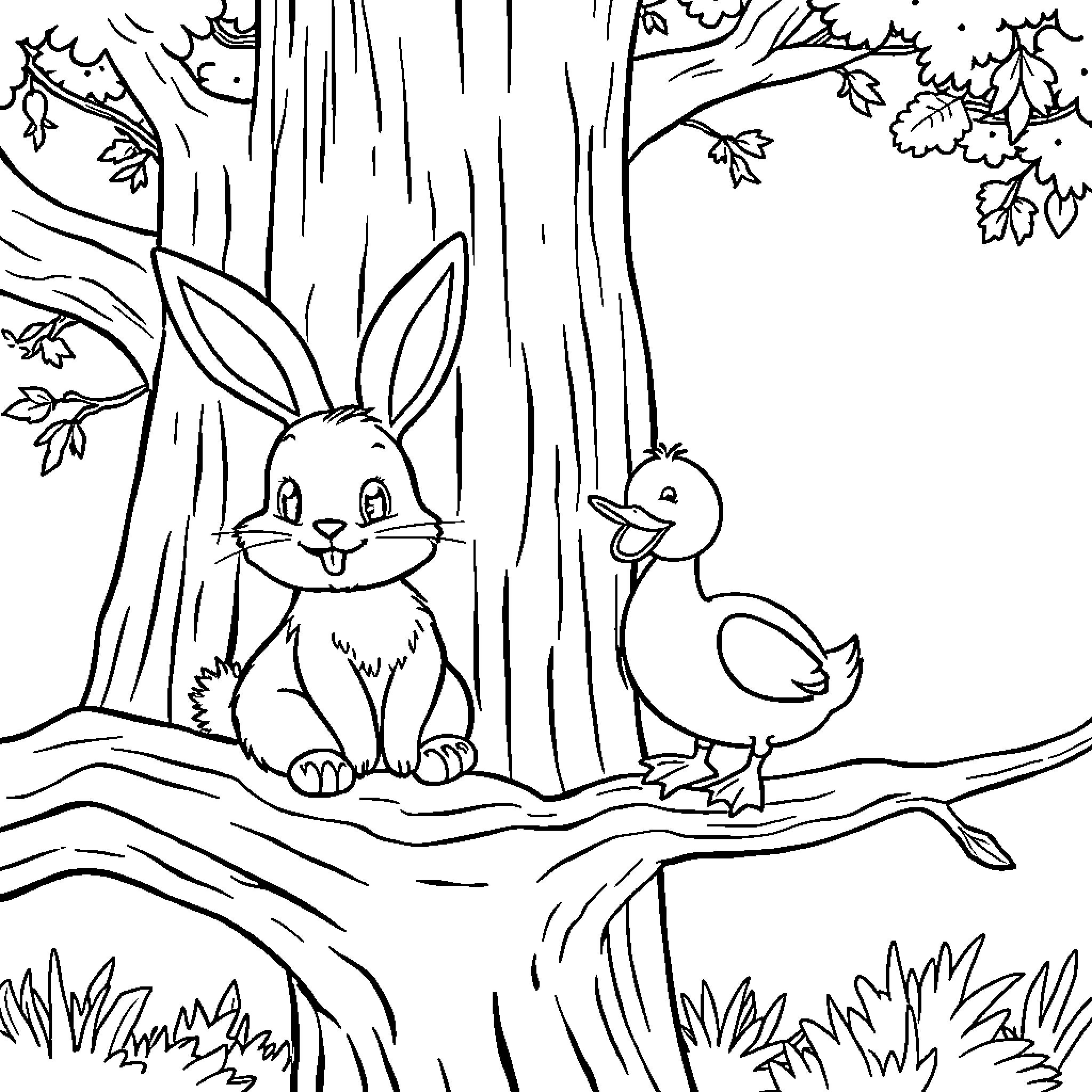 Rabbit and duckling in the forest Coloring Page (free black-and-white line drawing printable PDF for all, from beginners to advanced learners, including children, teens, adults, and seniors)