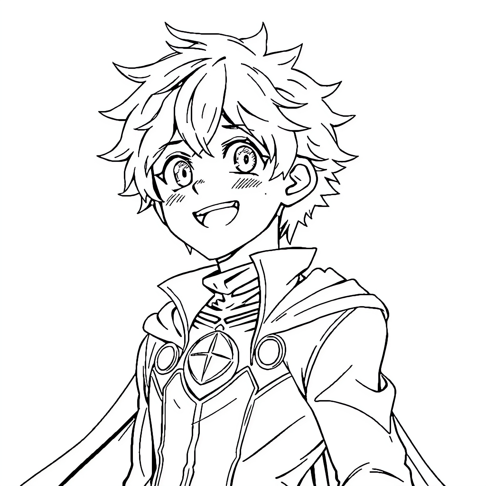 Izuku Midoriya's energetic expression and heroic attire Coloring Page (free black-and-white line drawing printable PDF for all, from beginners to advanced learners, including children, teens, adults, and seniors)