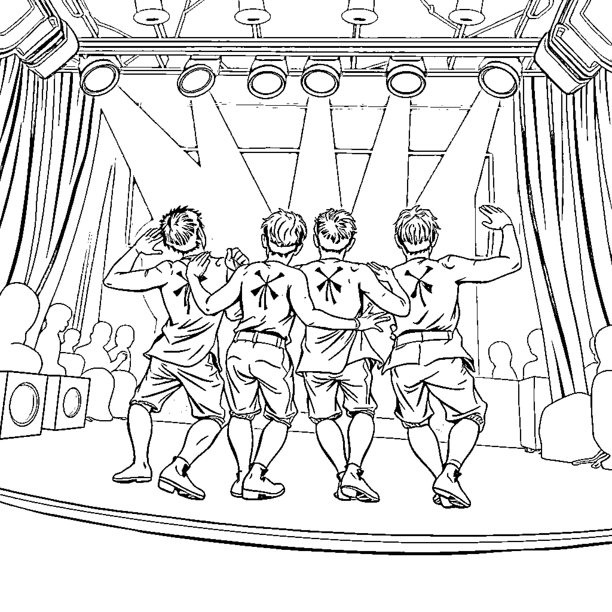 Saja Boy's Musical Performance on Stage Coloring Page (free black-and-white line drawing printable PDF for all, from beginners to advanced learners, including children, teens, adults, and seniors)