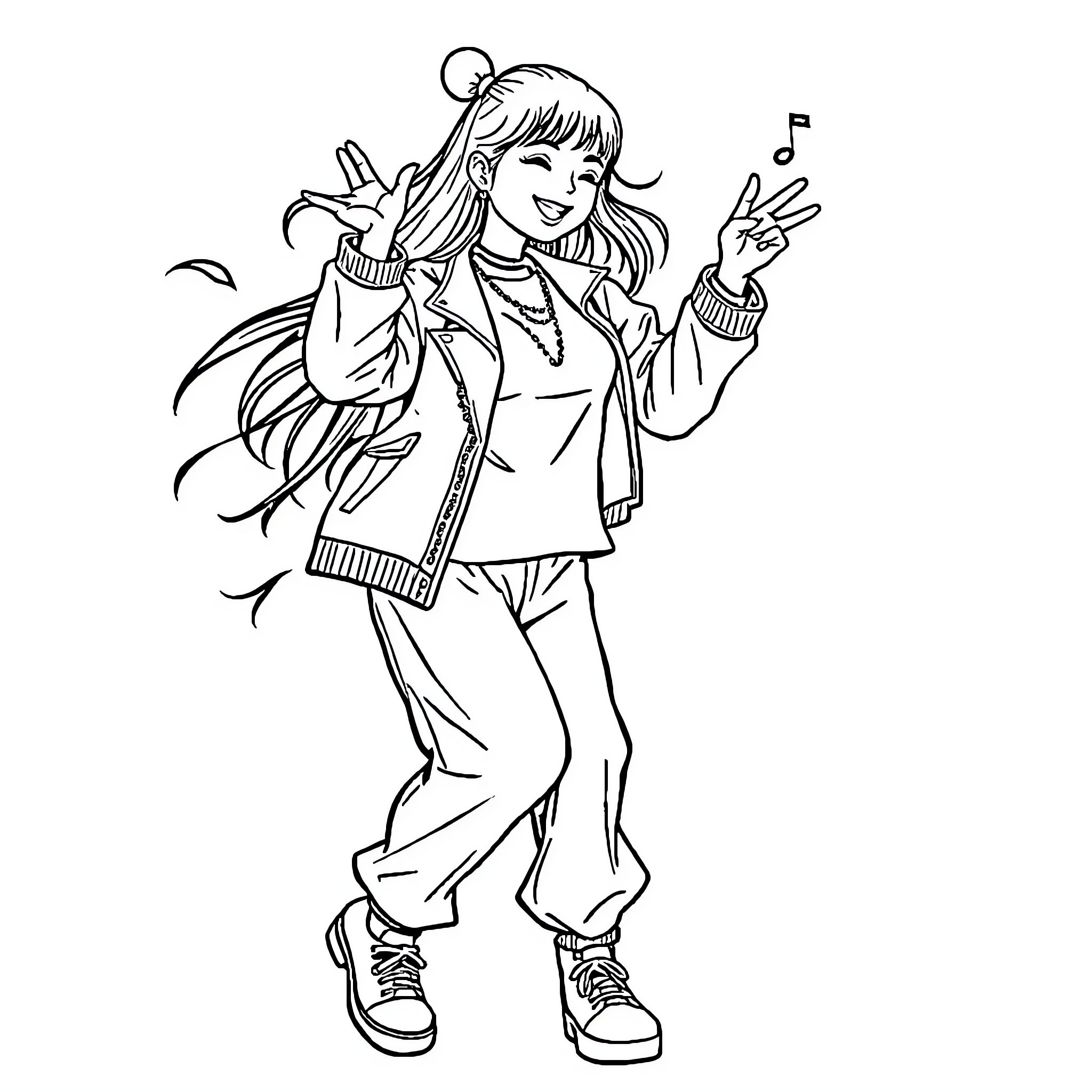 Rumi making a peace sign in a casual outfit Coloring Page (free black-and-white line drawing printable PDF for all, from beginners to advanced learners, including children, teens, adults, and seniors)