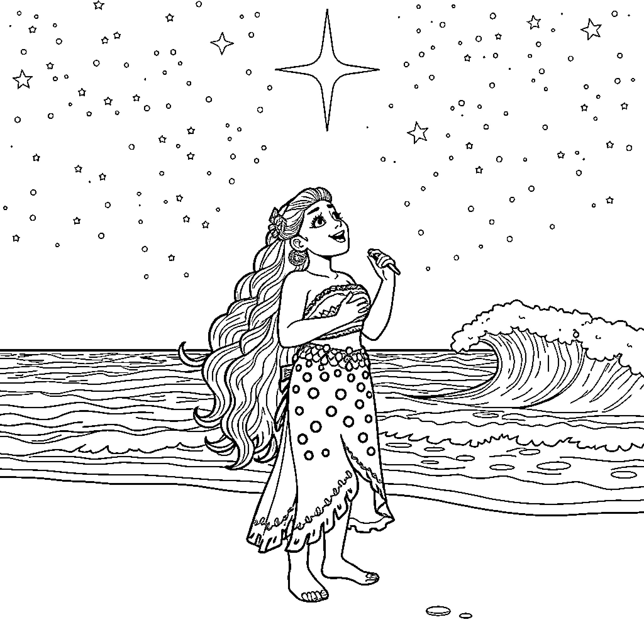 Moana gazing at the starry night sky by the ocean Coloring Page (free black-and-white line drawing printable PDF for all, from beginners to advanced learners, including children, teens, adults, and seniors)