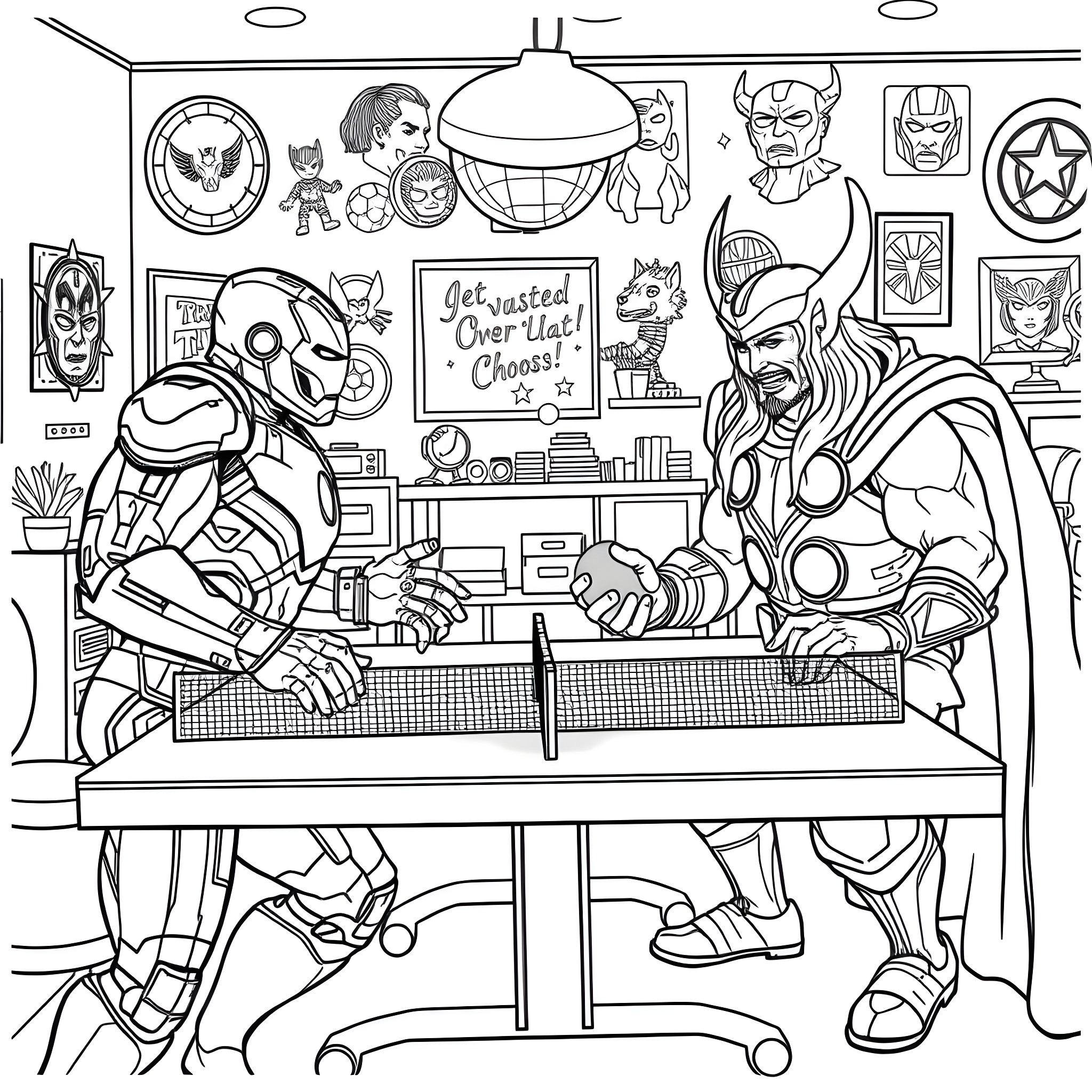 Iron Man playing ping-pong with Thor in a cluttered room Coloring Page (free black-and-white line drawing printable PDF for all, from beginners to advanced learners, including children, teens, adults, and seniors)