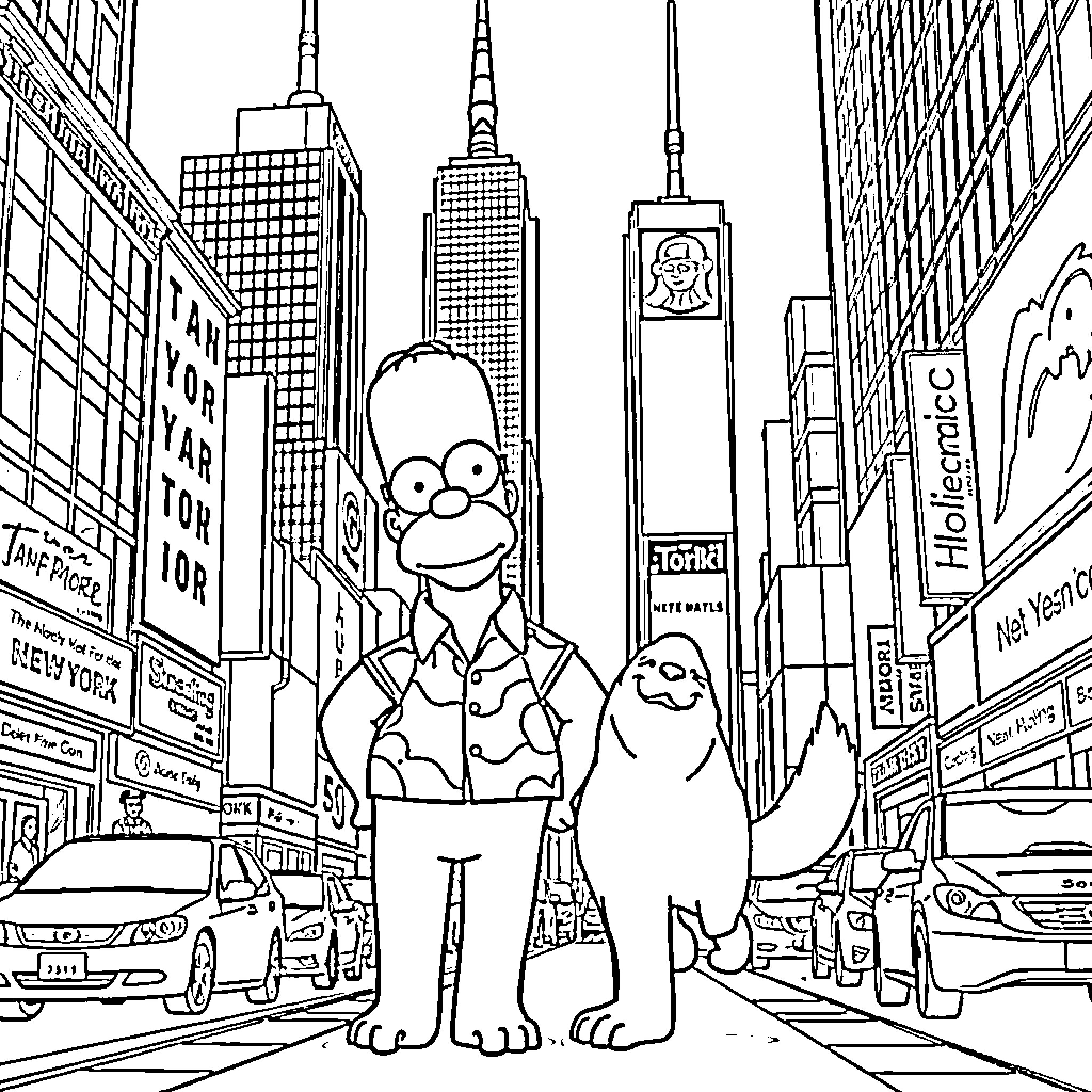 Homer explores the bustling city streets Coloring Page (free black-and-white line drawing printable PDF for all, from beginners to advanced learners, including children, teens, adults, and seniors)