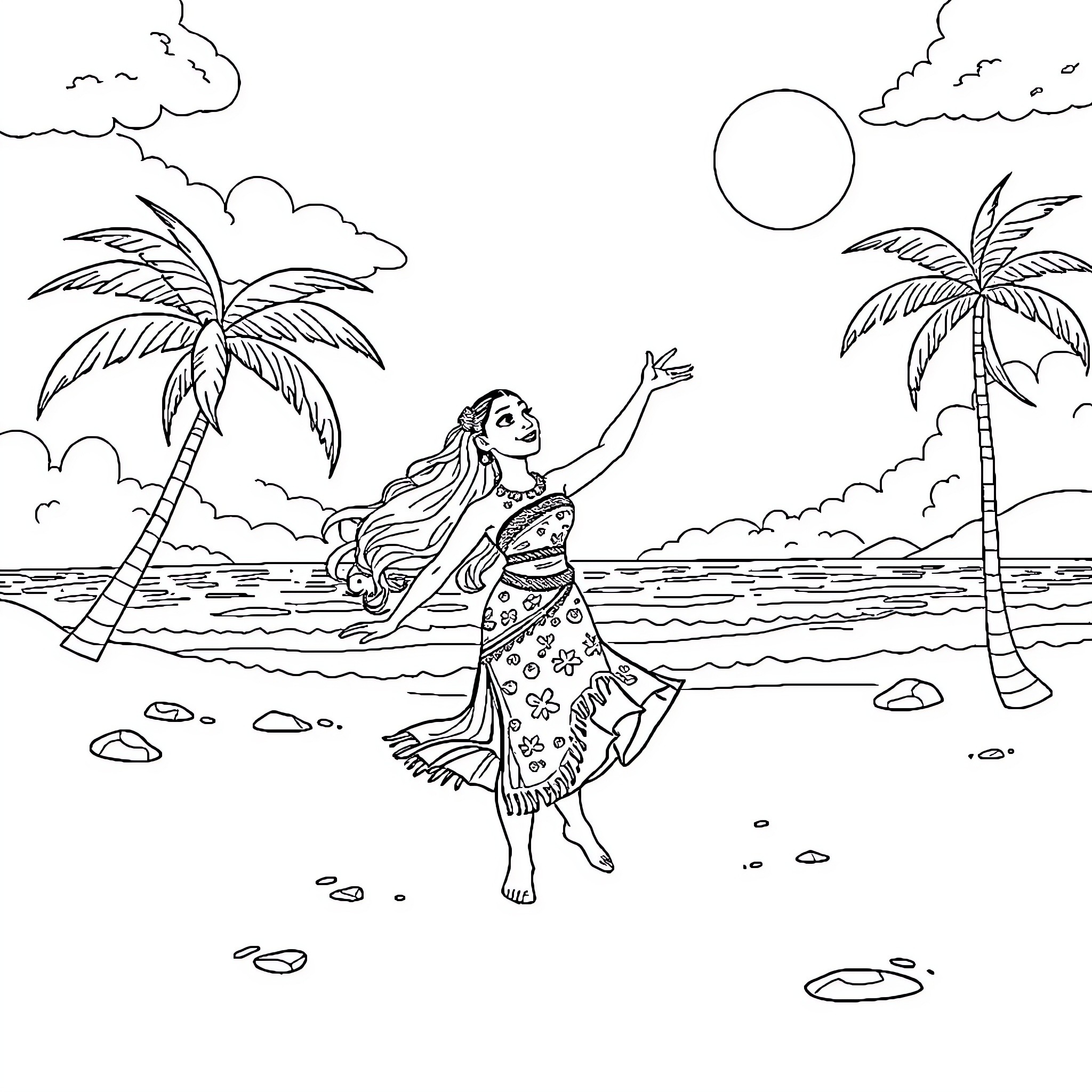 Moana dancing joyfully on the beach Coloring Page (free black-and-white line drawing printable PDF for all, from beginners to advanced learners, including children, teens, adults, and seniors)