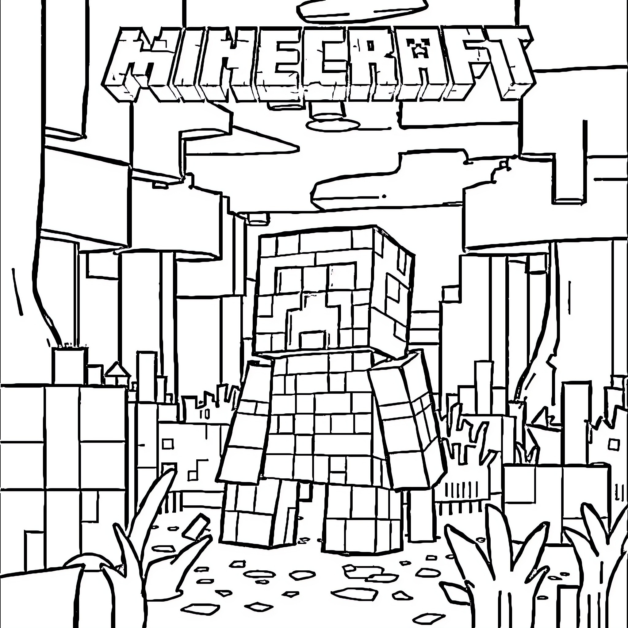 Creeper exploring the Minecraft landscape Coloring Page (free black-and-white line drawing printable PDF for all, from beginners to advanced learners, including children, teens, adults, and seniors)