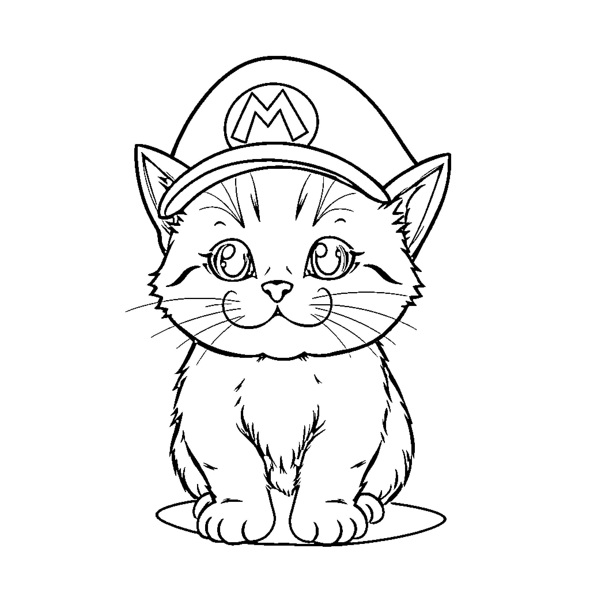 Cat dressed as a Nintendo character Coloring Page (free black-and-white line drawing printable PDF for all, from beginners to advanced learners, including children, teens, adults, and seniors)