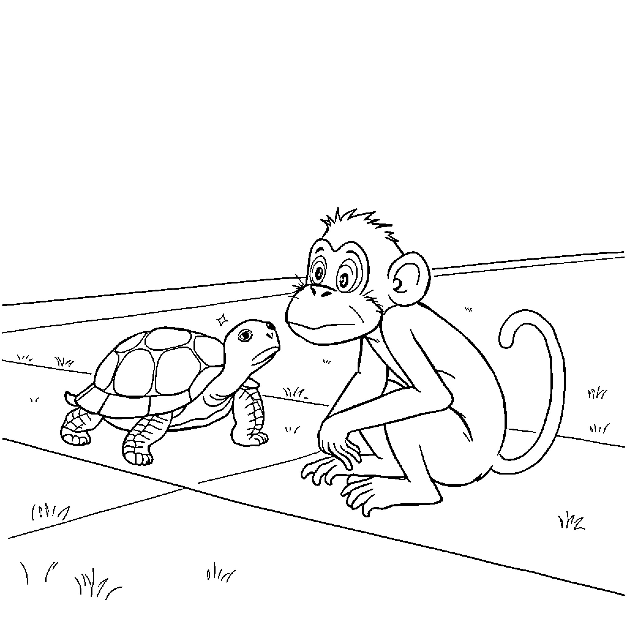 Tortoise and Monkey Playful Interaction Coloring Page (free black-and-white line drawing printable PDF for all, from beginners to advanced learners, including children, teens, adults, and seniors)