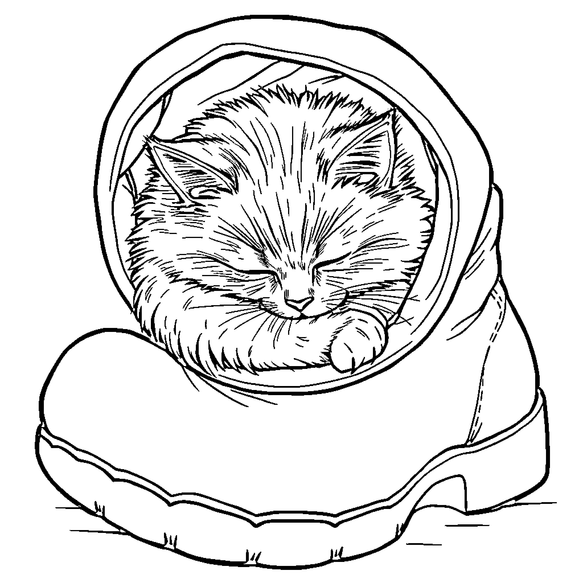 Cat snuggled up in a warm blanket Coloring Page (free black-and-white line drawing printable PDF for all, from beginners to advanced learners, including children, teens, adults, and seniors)