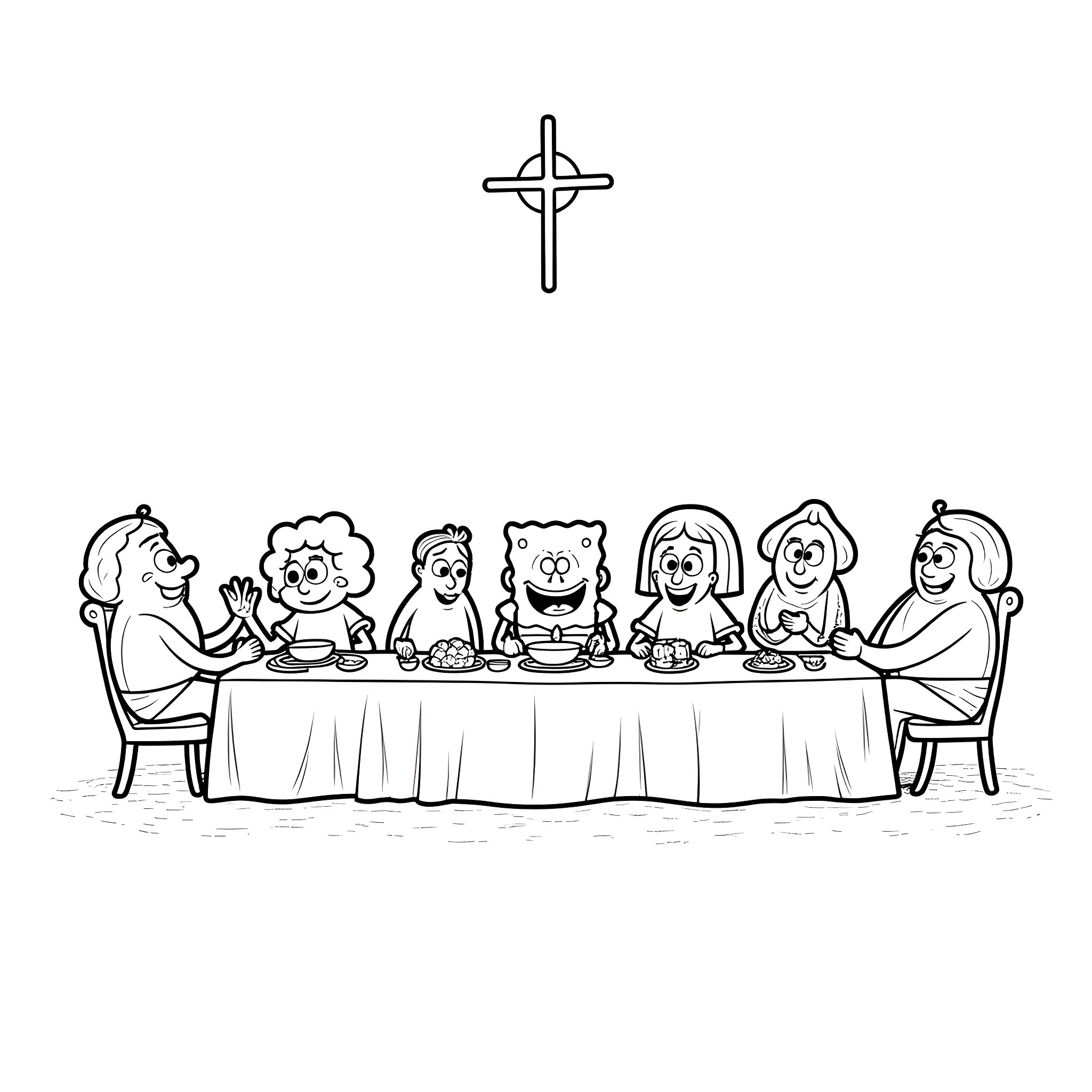 Spongebob and friends enjoying a meal together Coloring Page (free black-and-white line drawing printable PDF for all, from beginners to advanced learners, including children, teens, adults, and seniors)