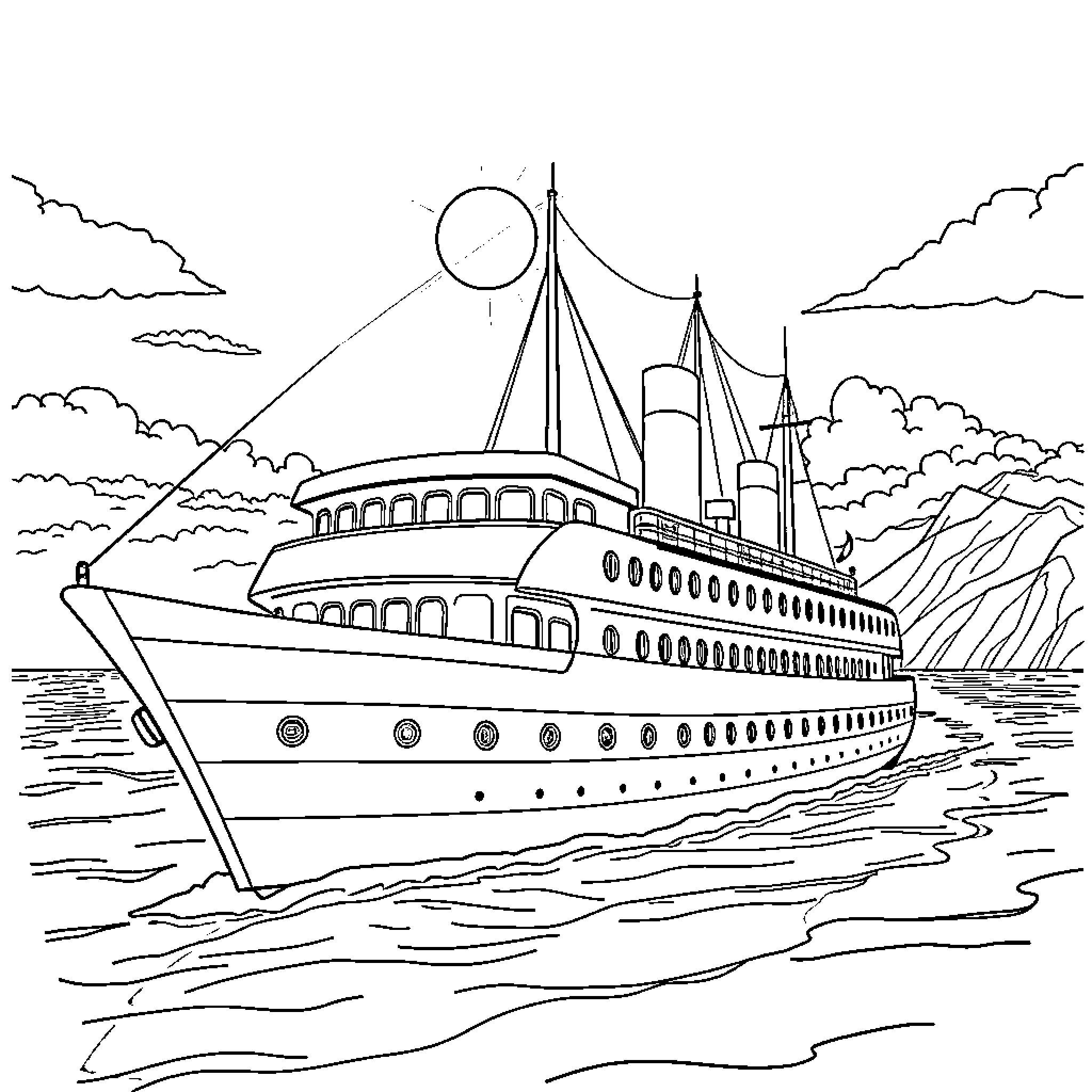Ship sailing on the open waters Coloring Page (free black-and-white line drawing printable PDF for all, from beginners to advanced learners, including children, teens, adults, and seniors)