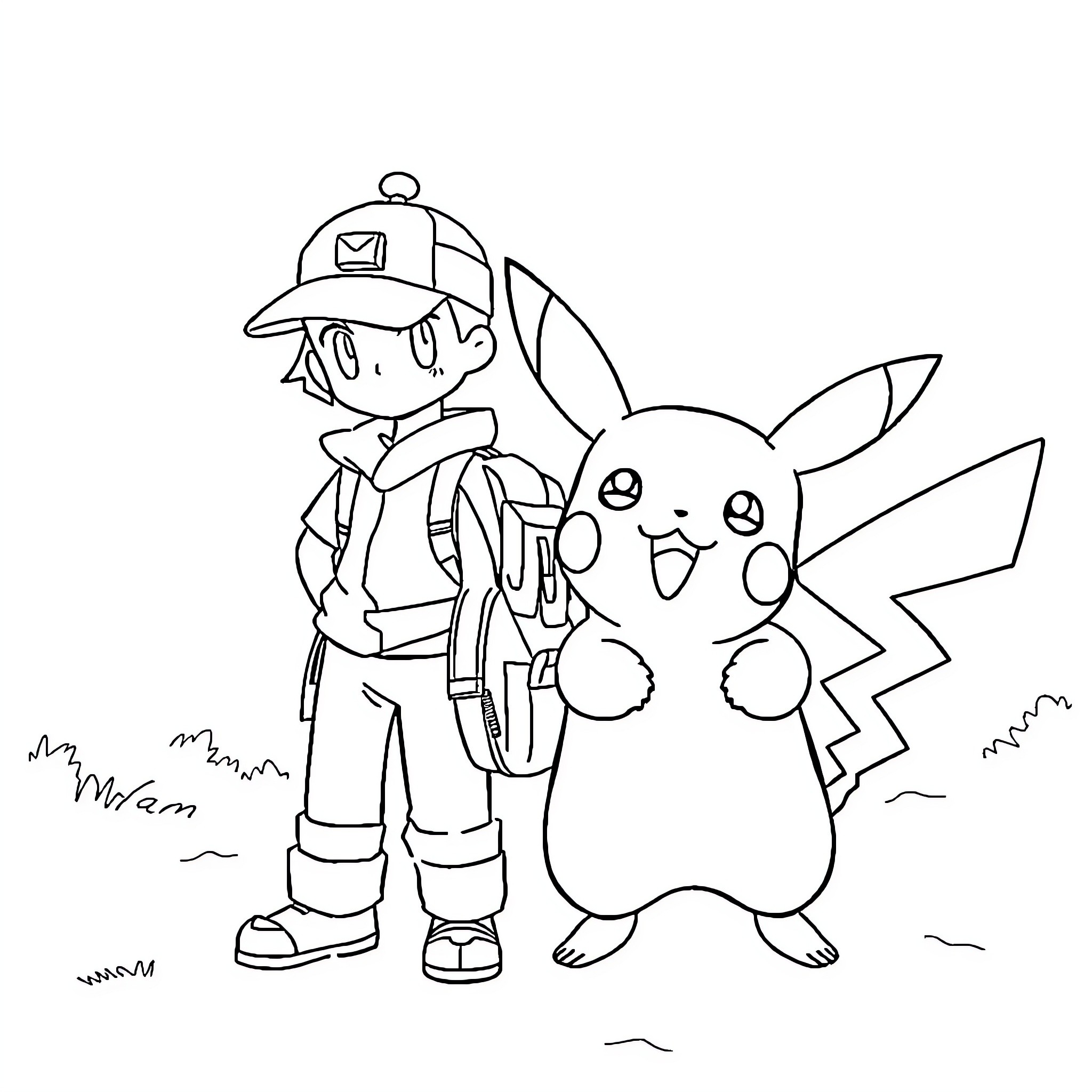 Pikachu and trainer exploring the outdoors Coloring Page (free black-and-white line drawing printable PDF for all, from beginners to advanced learners, including children, teens, adults, and seniors)