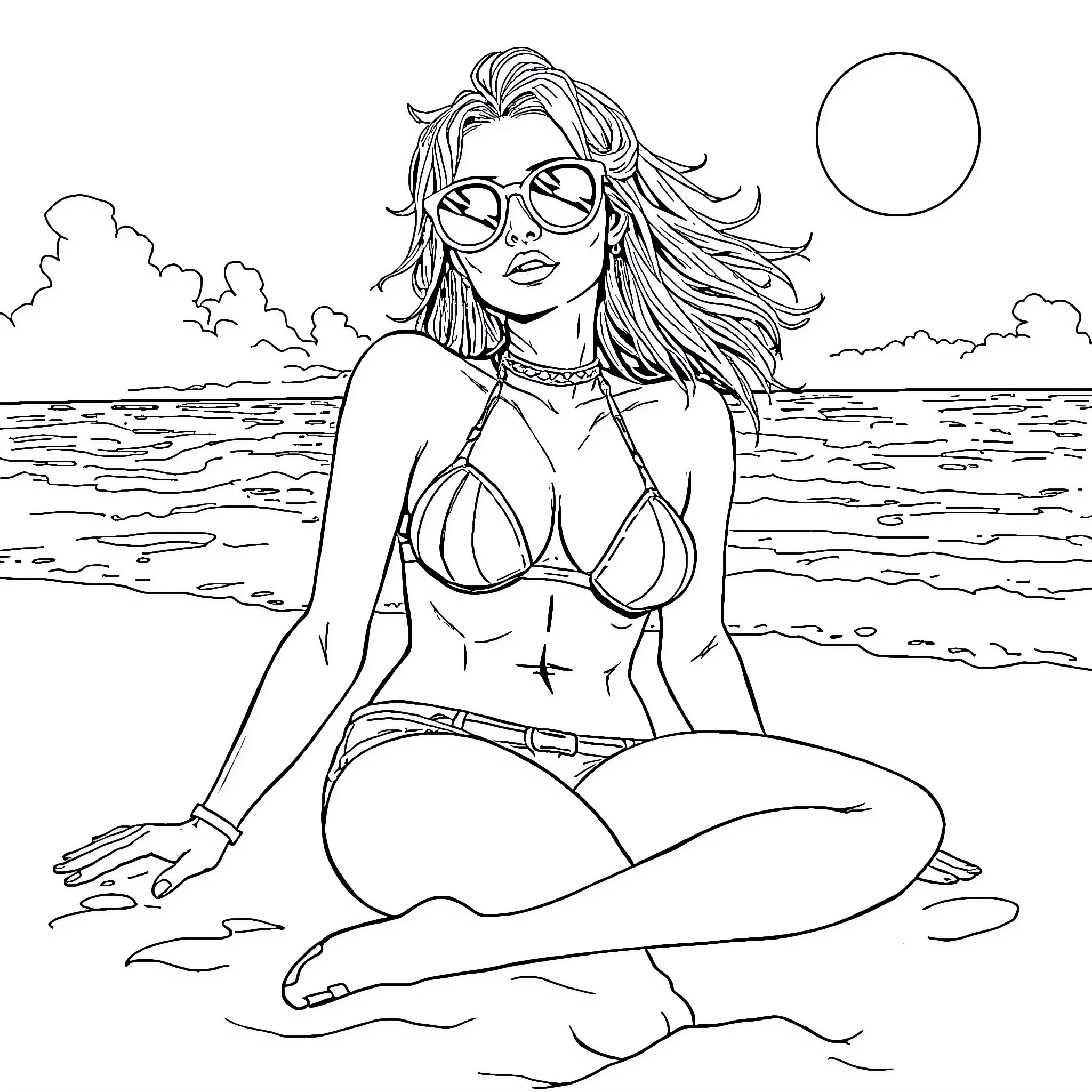 Cyberpunk Woman Relaxing at the Beach Coloring Page (free black-and-white line drawing printable PDF for all, from beginners to advanced learners, including children, teens, adults, and seniors)