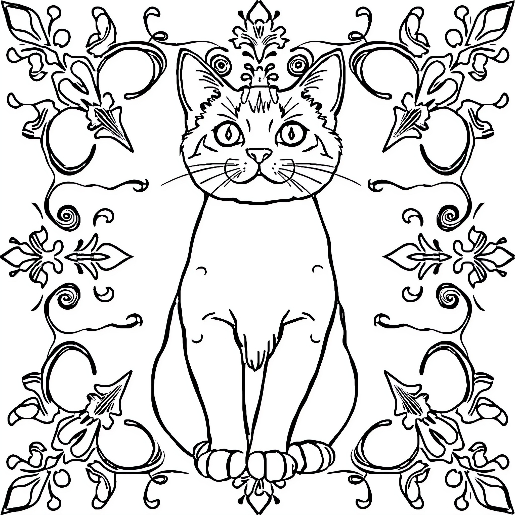 Cat with ornate floral patterns Coloring Page (free black-and-white line drawing printable PDF for all, from beginners to advanced learners, including children, teens, adults, and seniors)