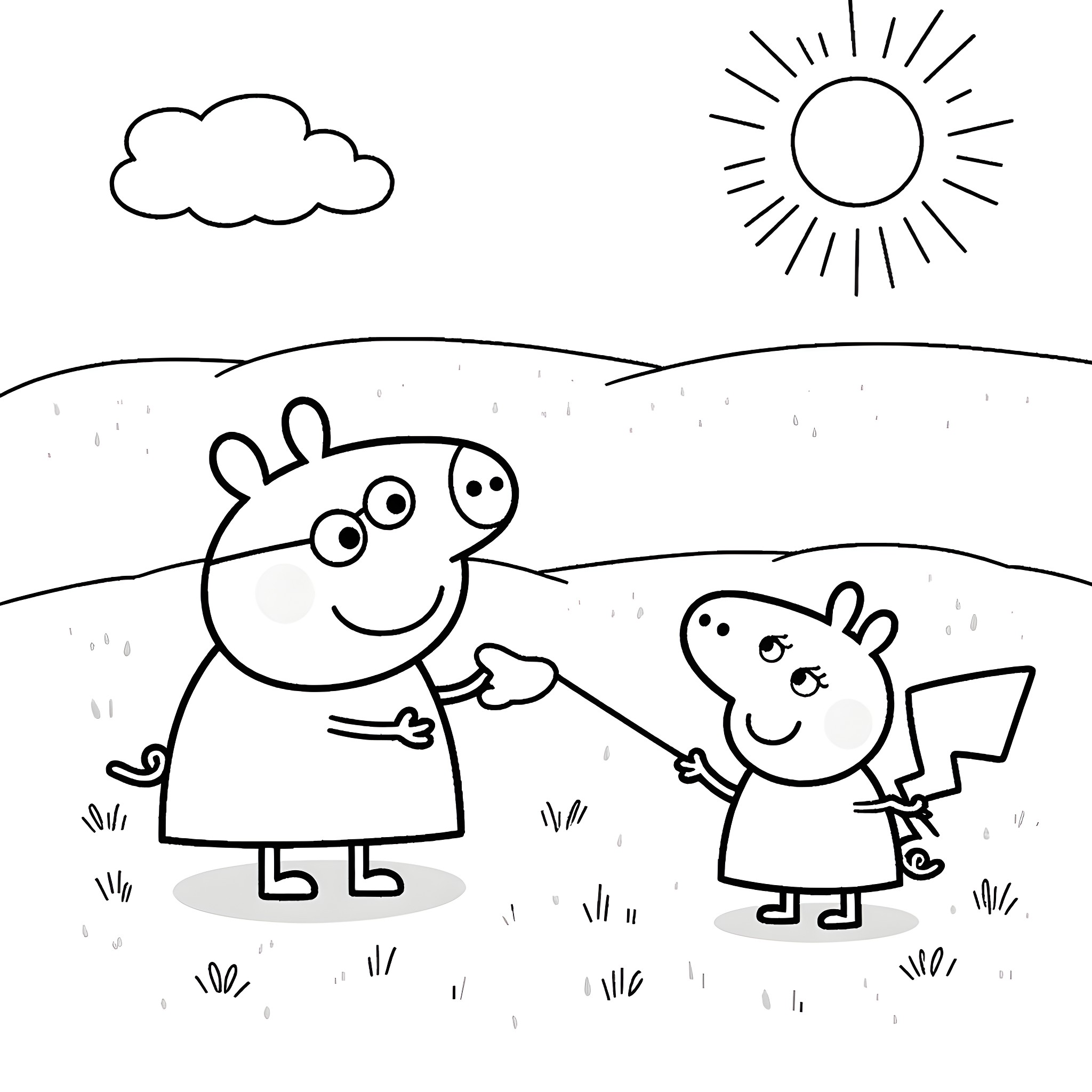 Peppa and George playing happily in the park Coloring Page (free black-and-white line drawing printable PDF for all, from beginners to advanced learners, including children, teens, adults, and seniors)