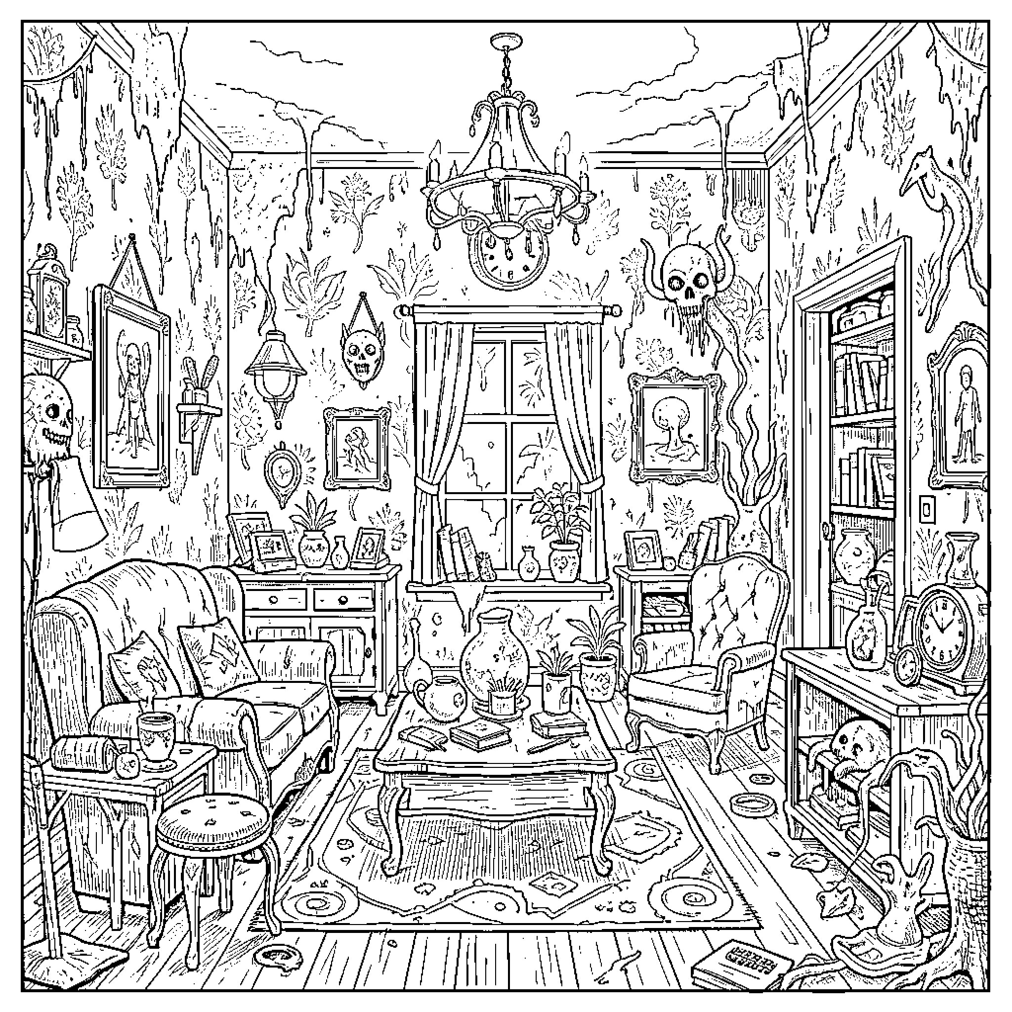 Room filled with spooky decor and curiosities Coloring Page (free black-and-white line drawing printable PDF for all, from beginners to advanced learners, including children, teens, adults, and seniors)