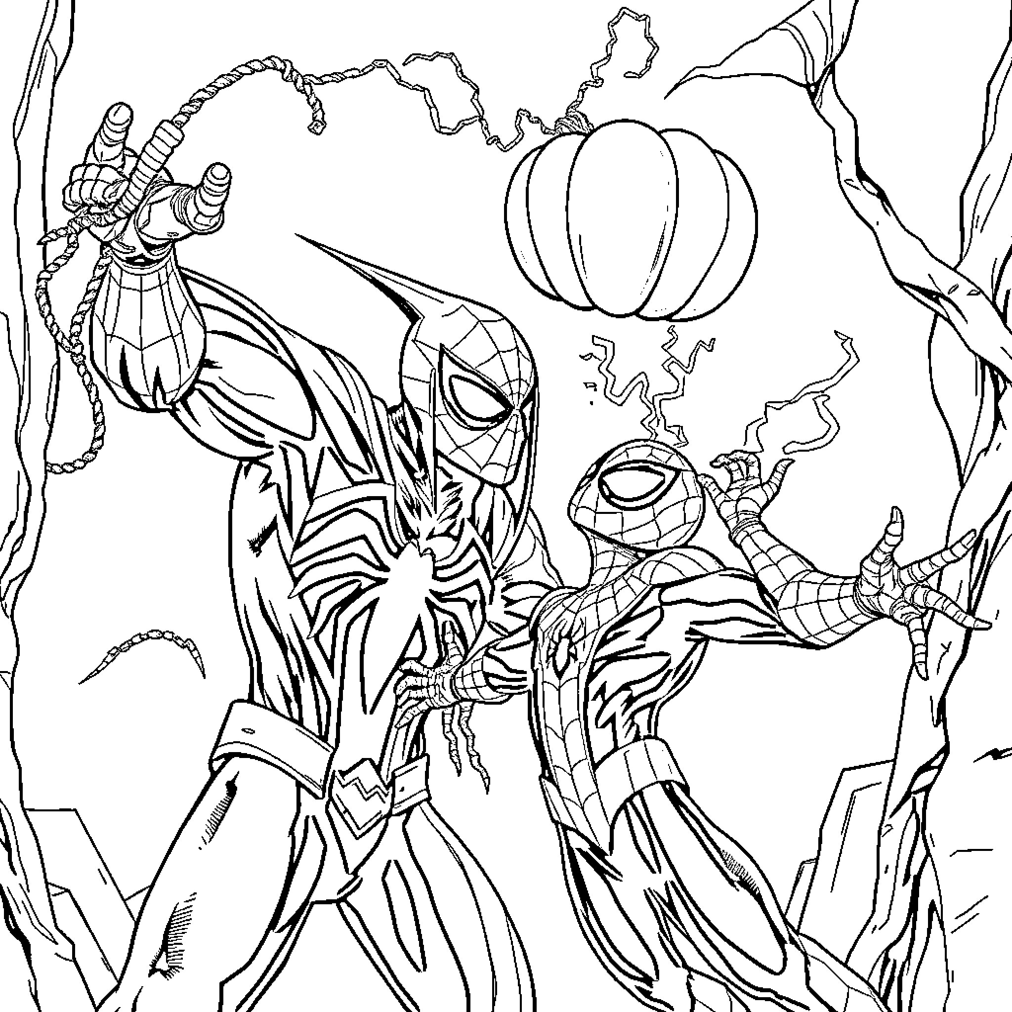 Goblin goblins battling spider-like creatures in a dark forest Coloring Page (free black-and-white line drawing printable PDF for all, from beginners to advanced learners, including children, teens, adults, and seniors)