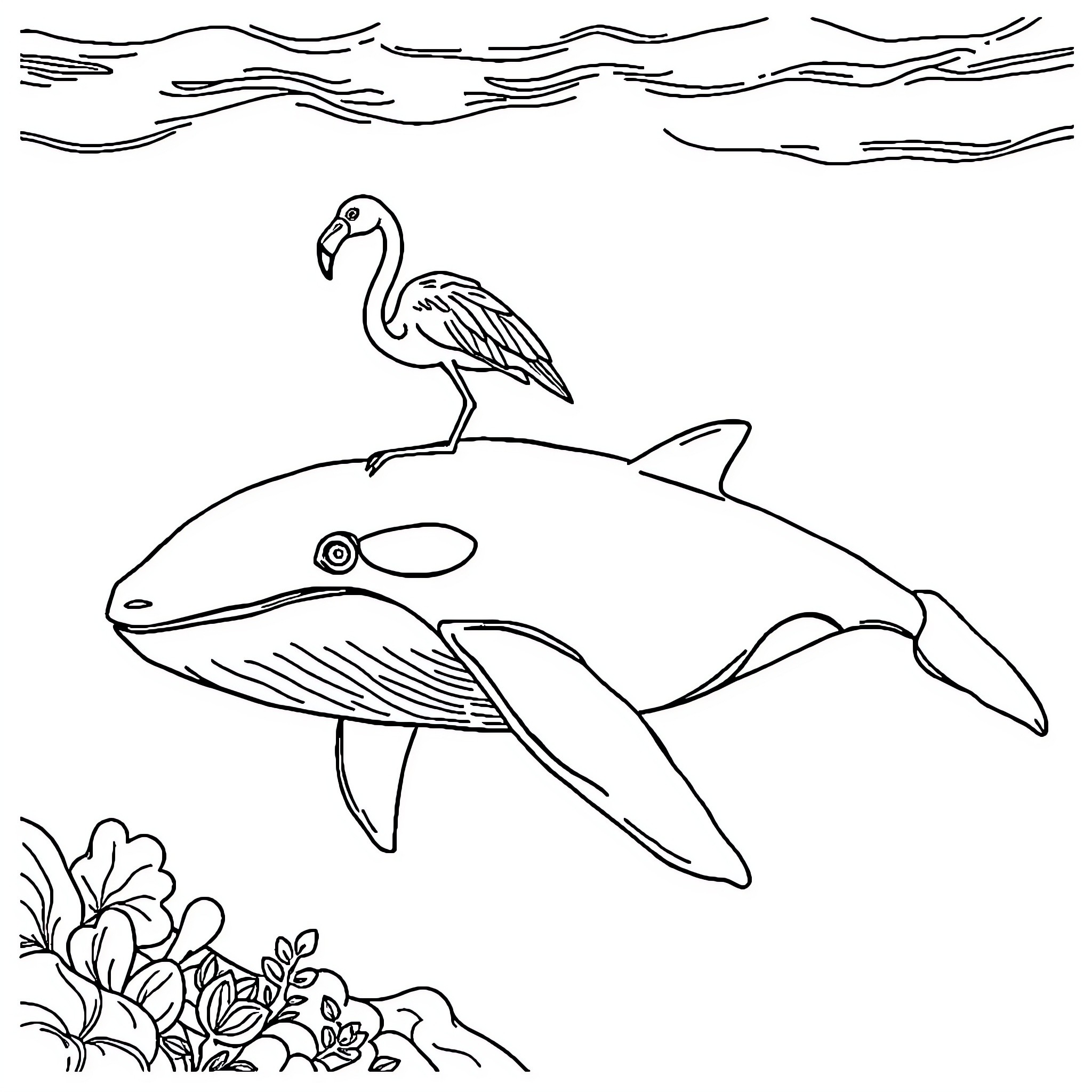 Flamingo riding on a shark in the ocean Coloring Page (free black-and-white line drawing printable PDF for all, from beginners to advanced learners, including children, teens, adults, and seniors)