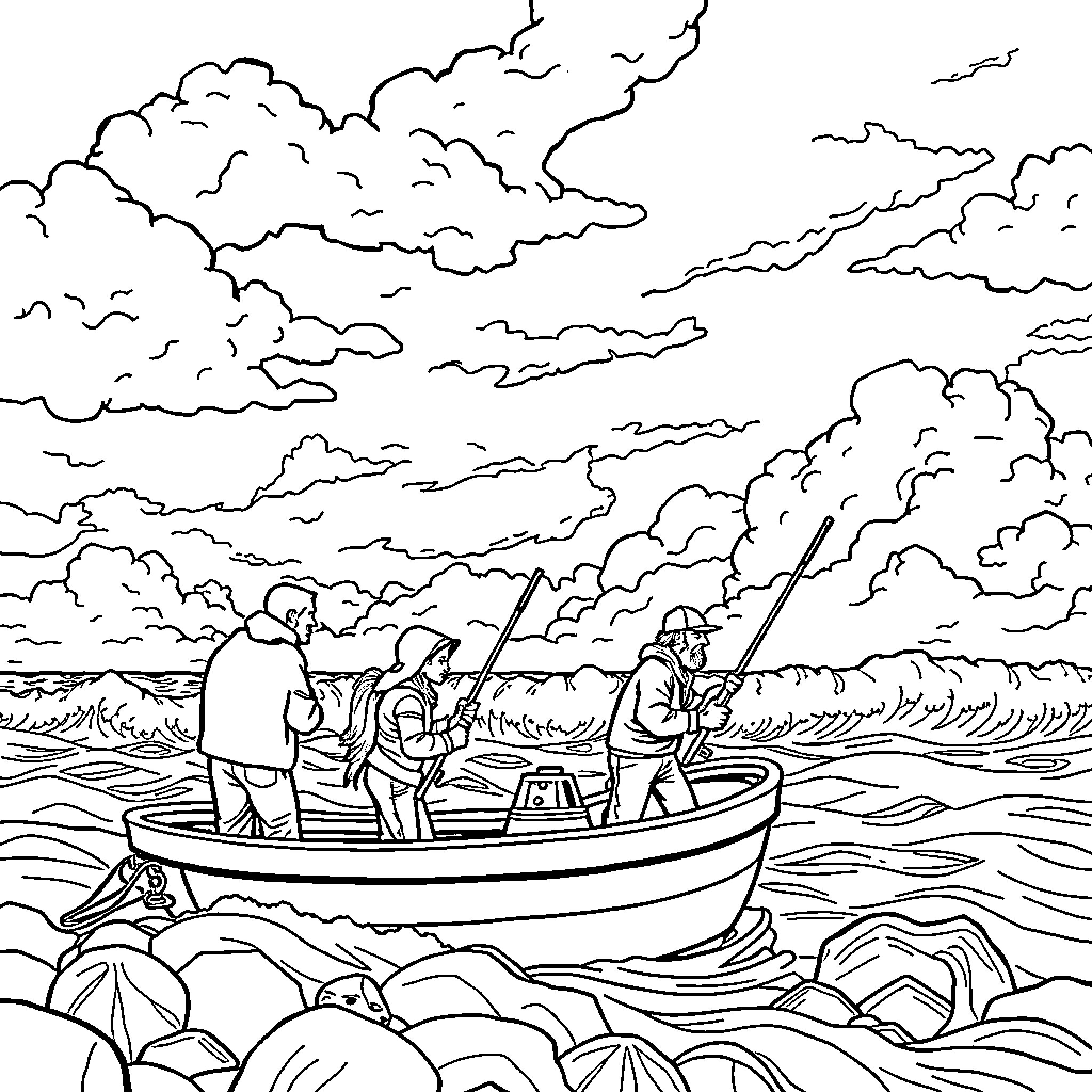 Familia fishing together on a stormy sea Coloring Page (free black-and-white line drawing printable PDF for all, from beginners to advanced learners, including children, teens, adults, and seniors)