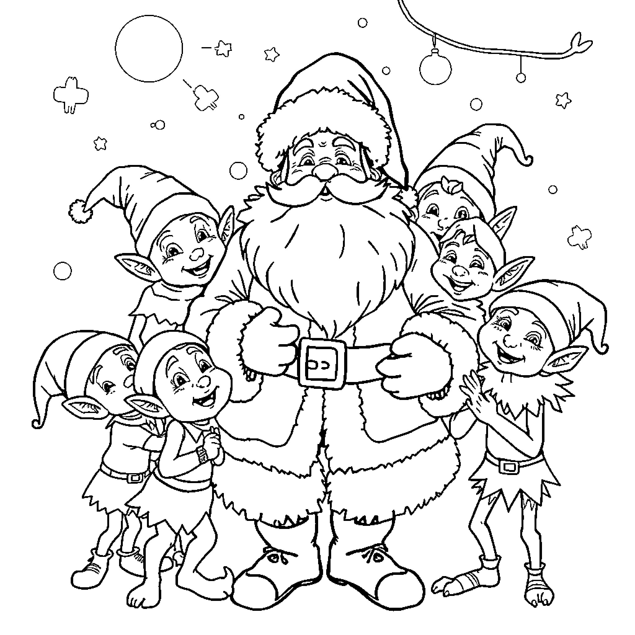 Santa and his Christmas elves celebrating the holidays Coloring Page (free black-and-white line drawing printable PDF for all, from beginners to advanced learners, including children, teens, adults, and seniors)