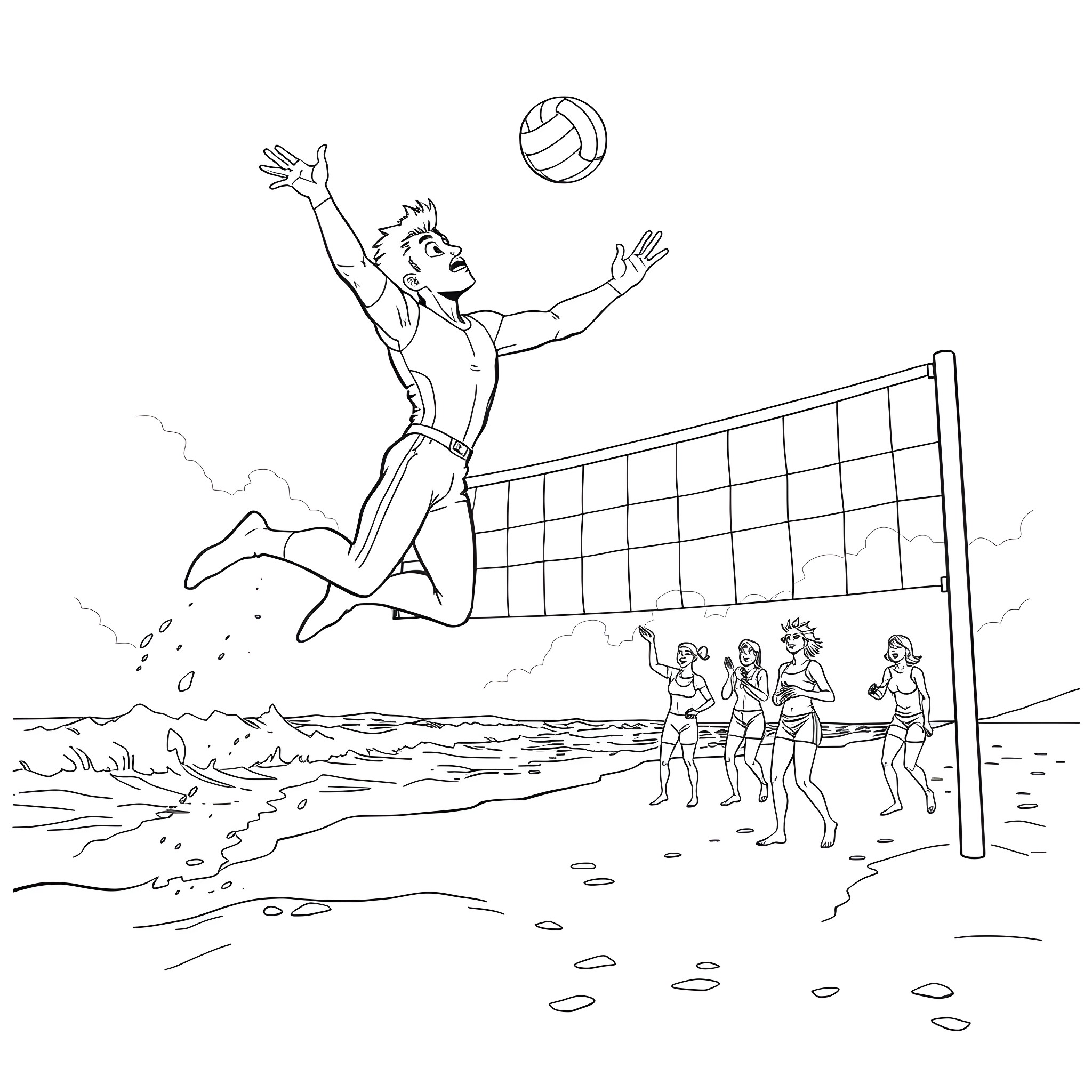 Omni Man playing volleyball at the beach Coloring Page (free black-and-white line drawing printable PDF for all, from beginners to advanced learners, including children, teens, adults, and seniors)