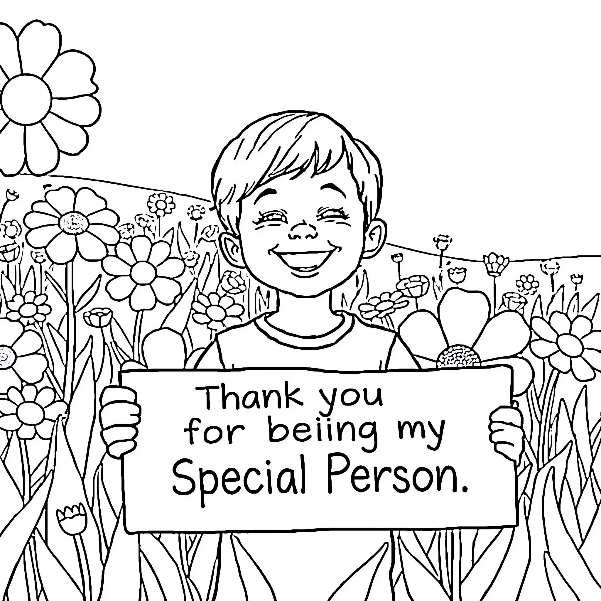 Child expressing gratitude in a floral setting Coloring Page (free black-and-white line drawing printable PDF for all, from beginners to advanced learners, including children, teens, adults, and seniors)