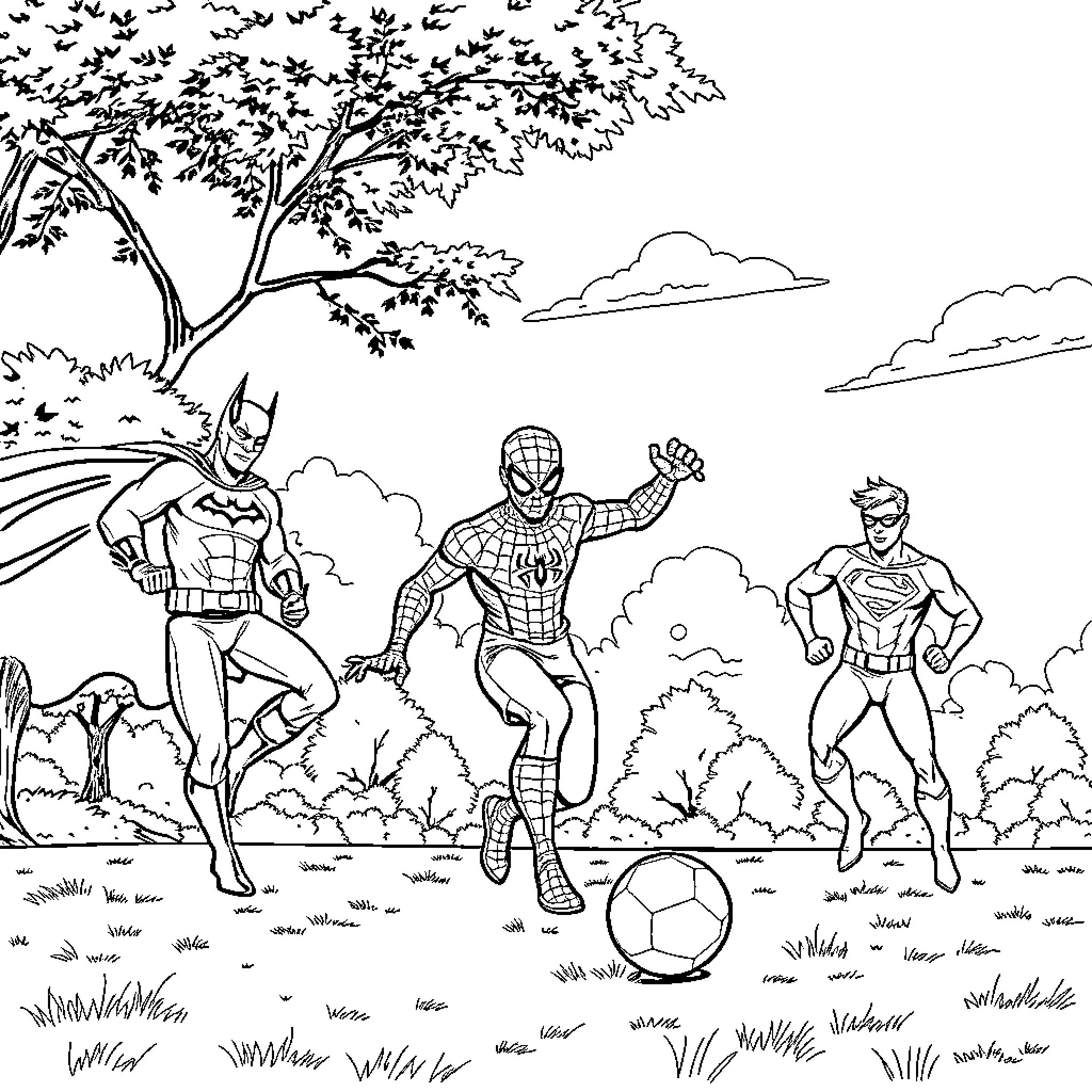 Superheroes playing soccer in the park Coloring Page (free black-and-white line drawing printable PDF for all, from beginners to advanced learners, including children, teens, adults, and seniors)