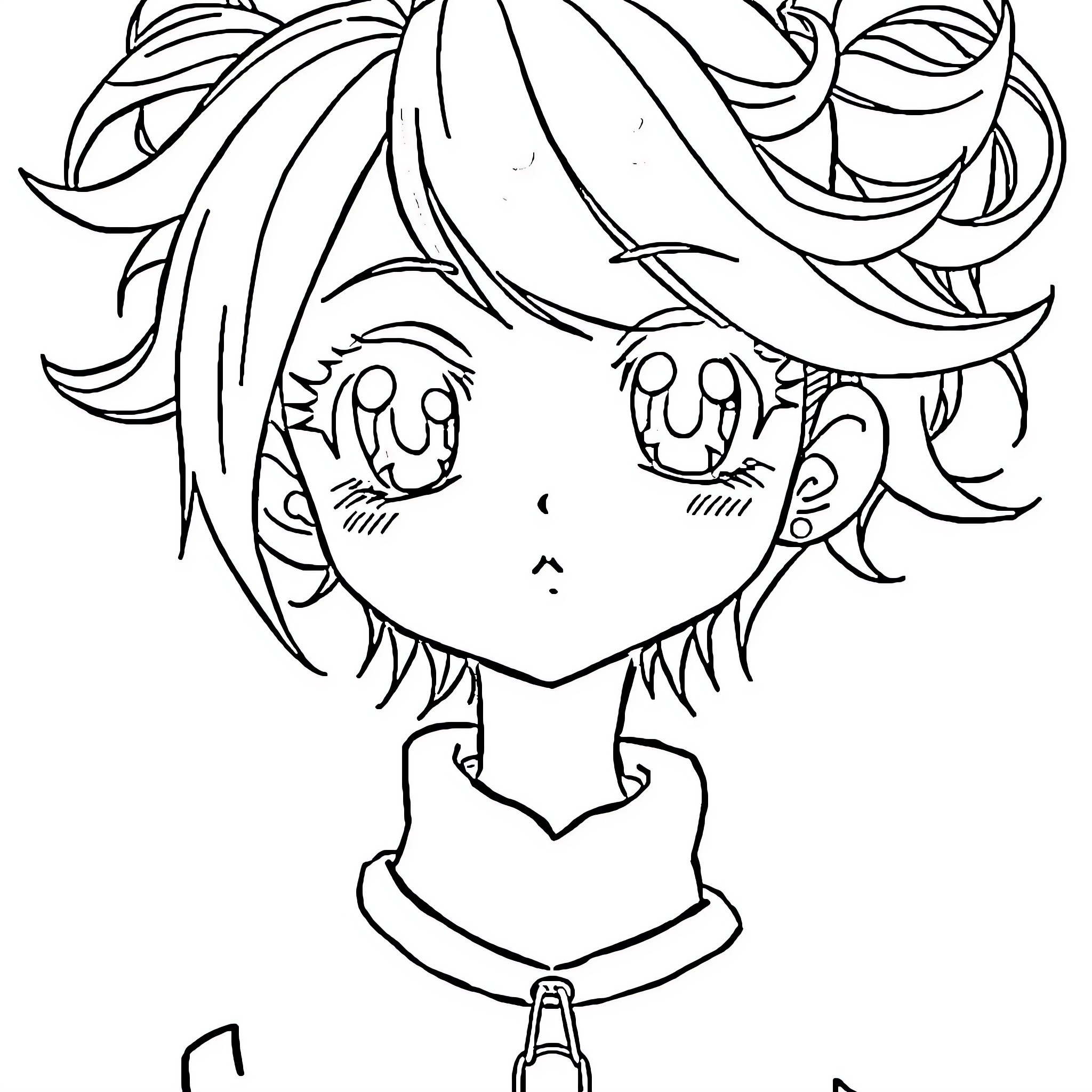 Anime Girl with Flowing Hair and Expressive Eyes Coloring Page (free black-and-white line drawing printable PDF for all, from beginners to advanced learners, including children, teens, adults, and seniors)