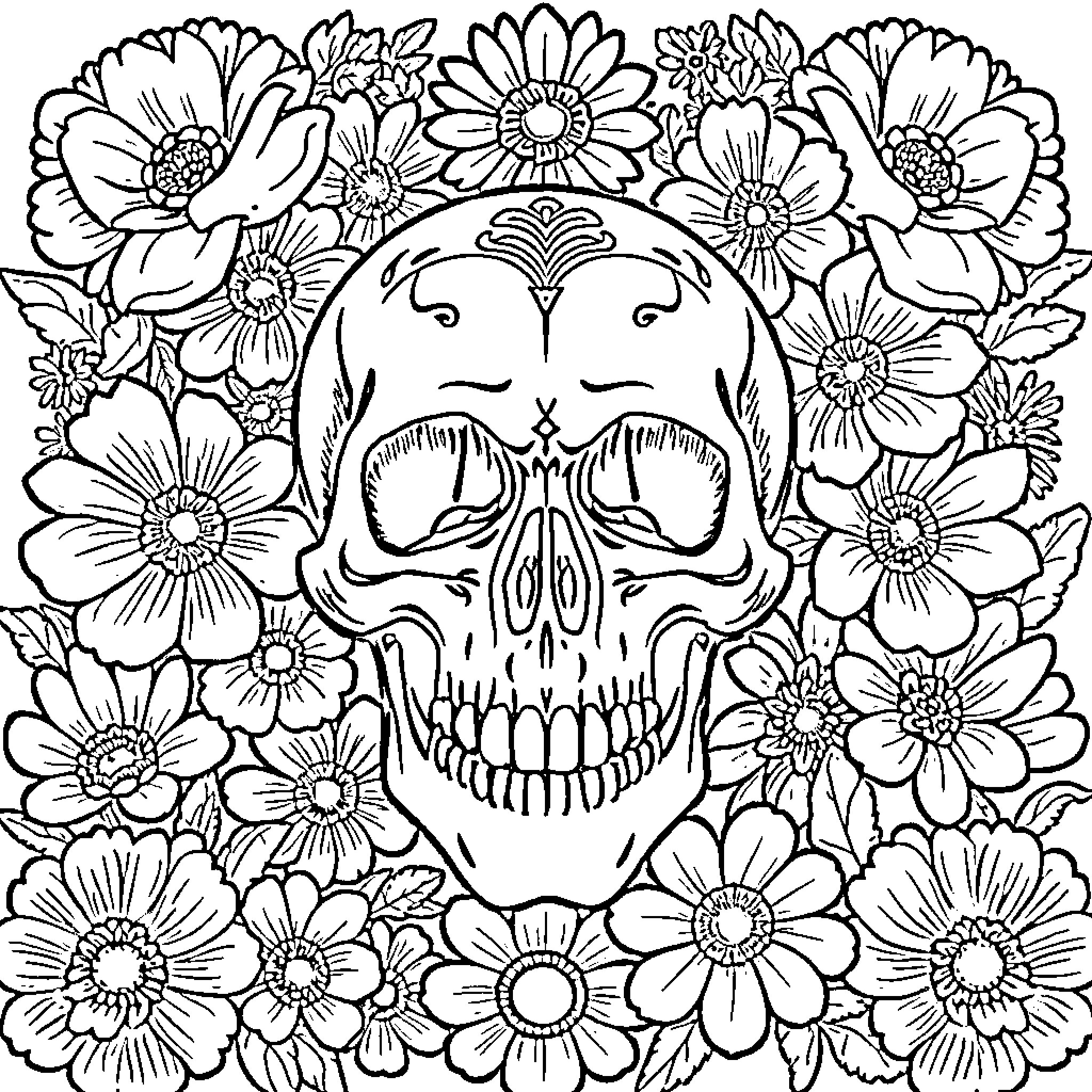 Skull surrounded by intricate floral patterns Coloring Page (free black-and-white line drawing printable PDF for all, from beginners to advanced learners, including children, teens, adults, and seniors)
