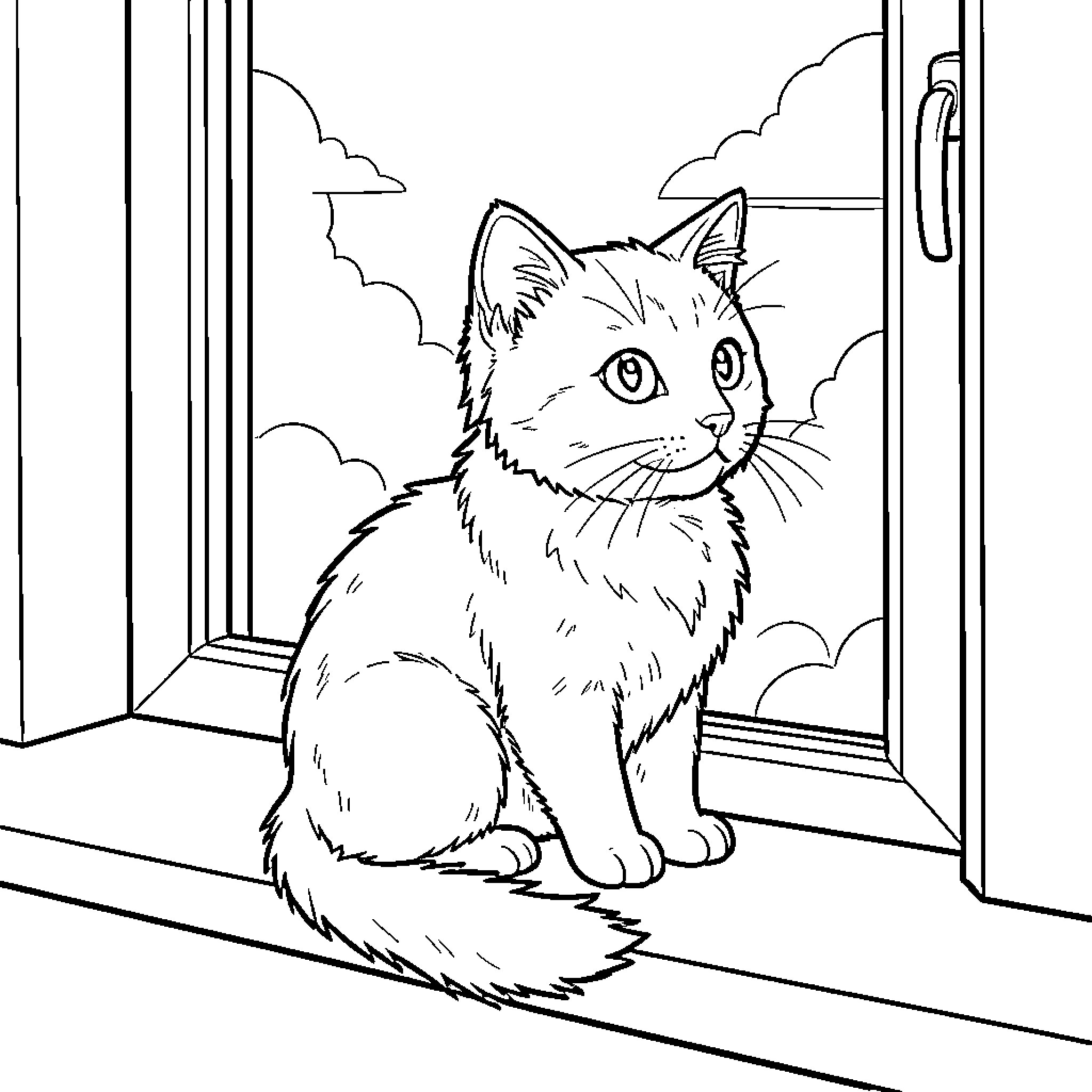 Cat sitting on a windowsill looking out the window Coloring Page (free black-and-white line drawing printable PDF for all, from beginners to advanced learners, including children, teens, adults, and seniors)