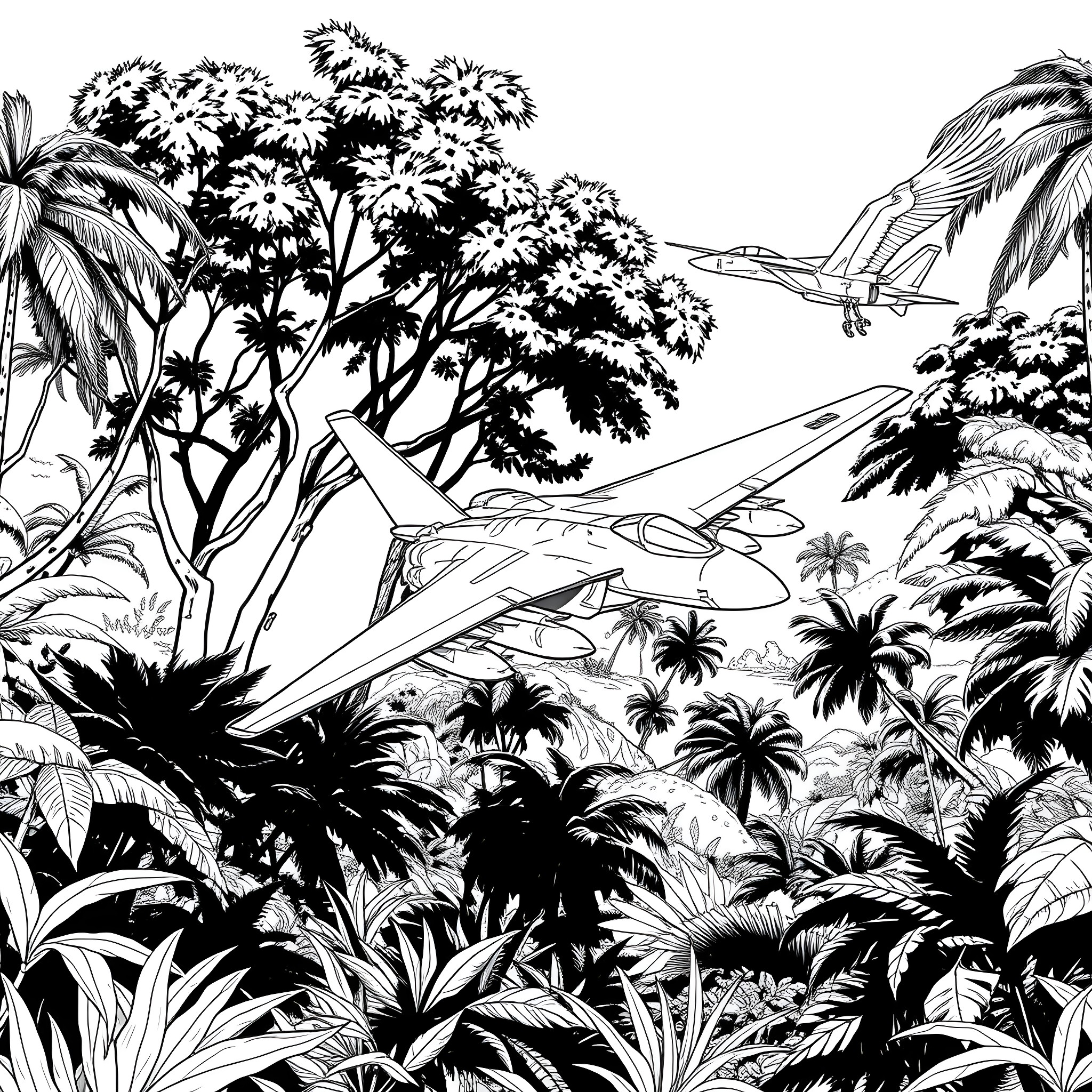 Eagle soaring over lush tropical forest Coloring Page (free black-and-white line drawing printable PDF for all, from beginners to advanced learners, including children, teens, adults, and seniors)
