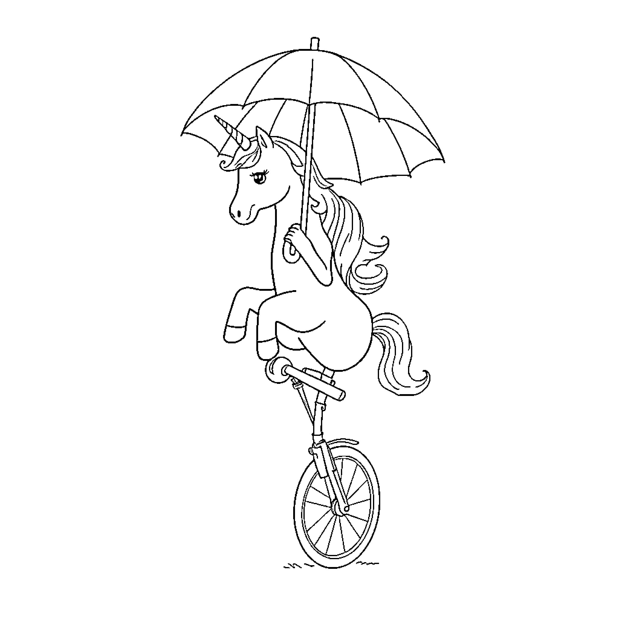 Unicorn riding unicycle with umbrella in the rain Coloring Page (free black-and-white line drawing printable PDF for all, from beginners to advanced learners, including children, teens, adults, and seniors)