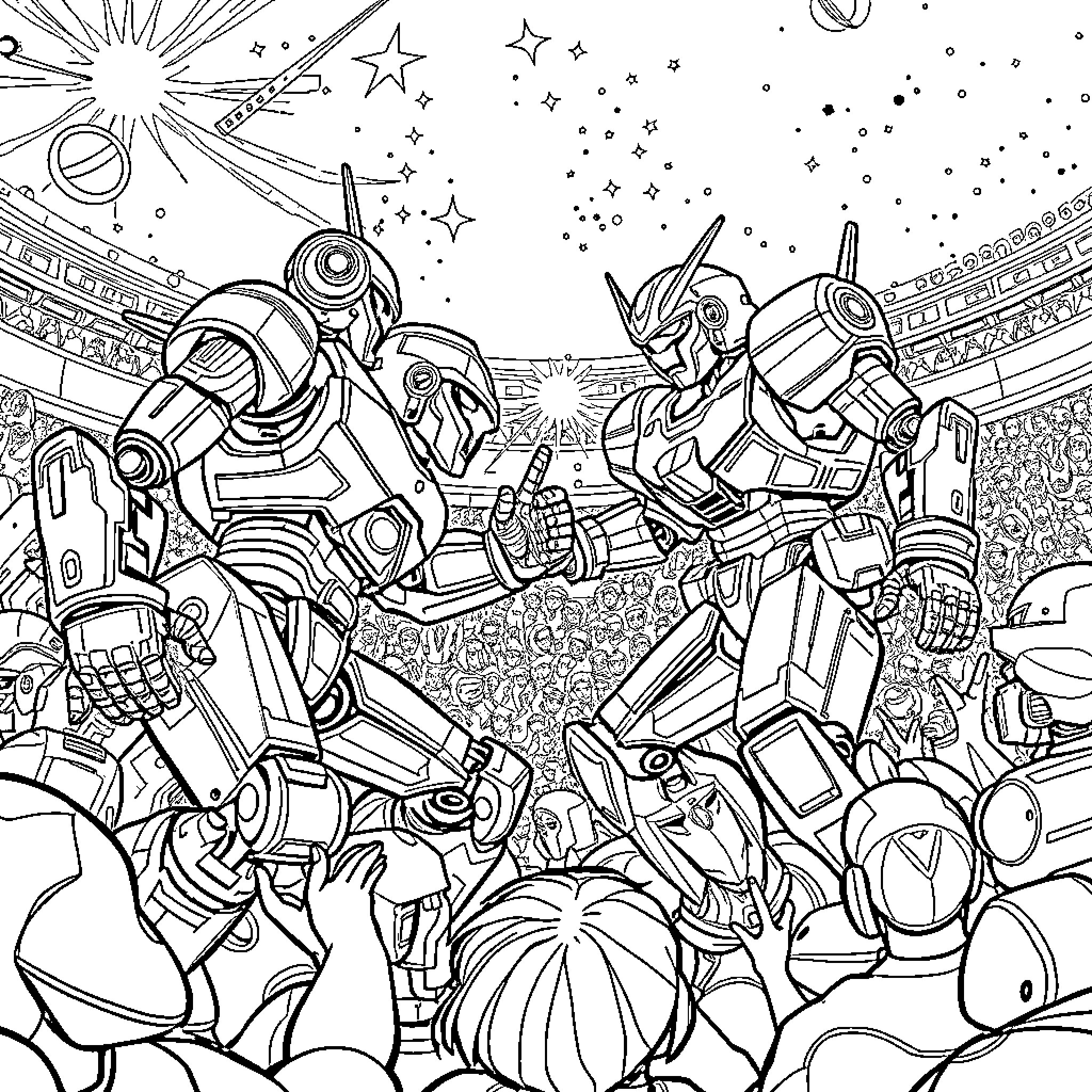 Robot Warriors in Futuristic Battlefield Coloring Page (free black-and-white line drawing printable PDF for all, from beginners to advanced learners, including children, teens, adults, and seniors)