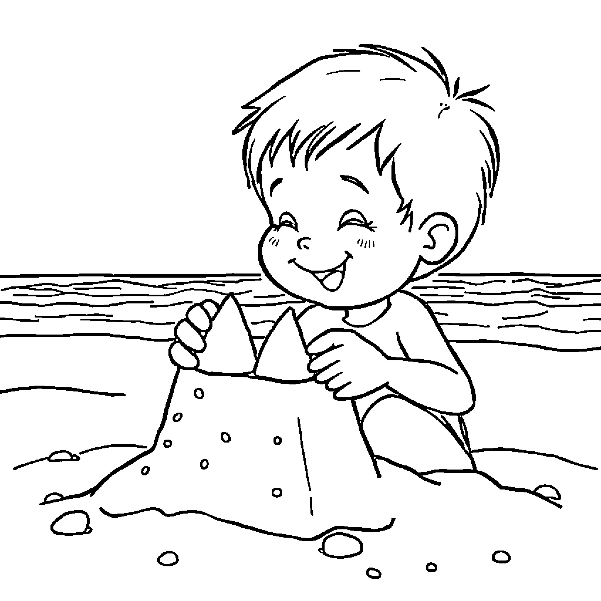 Child playing happily in the sand Coloring Page (free black-and-white line drawing printable PDF for all, from beginners to advanced learners, including children, teens, adults, and seniors)